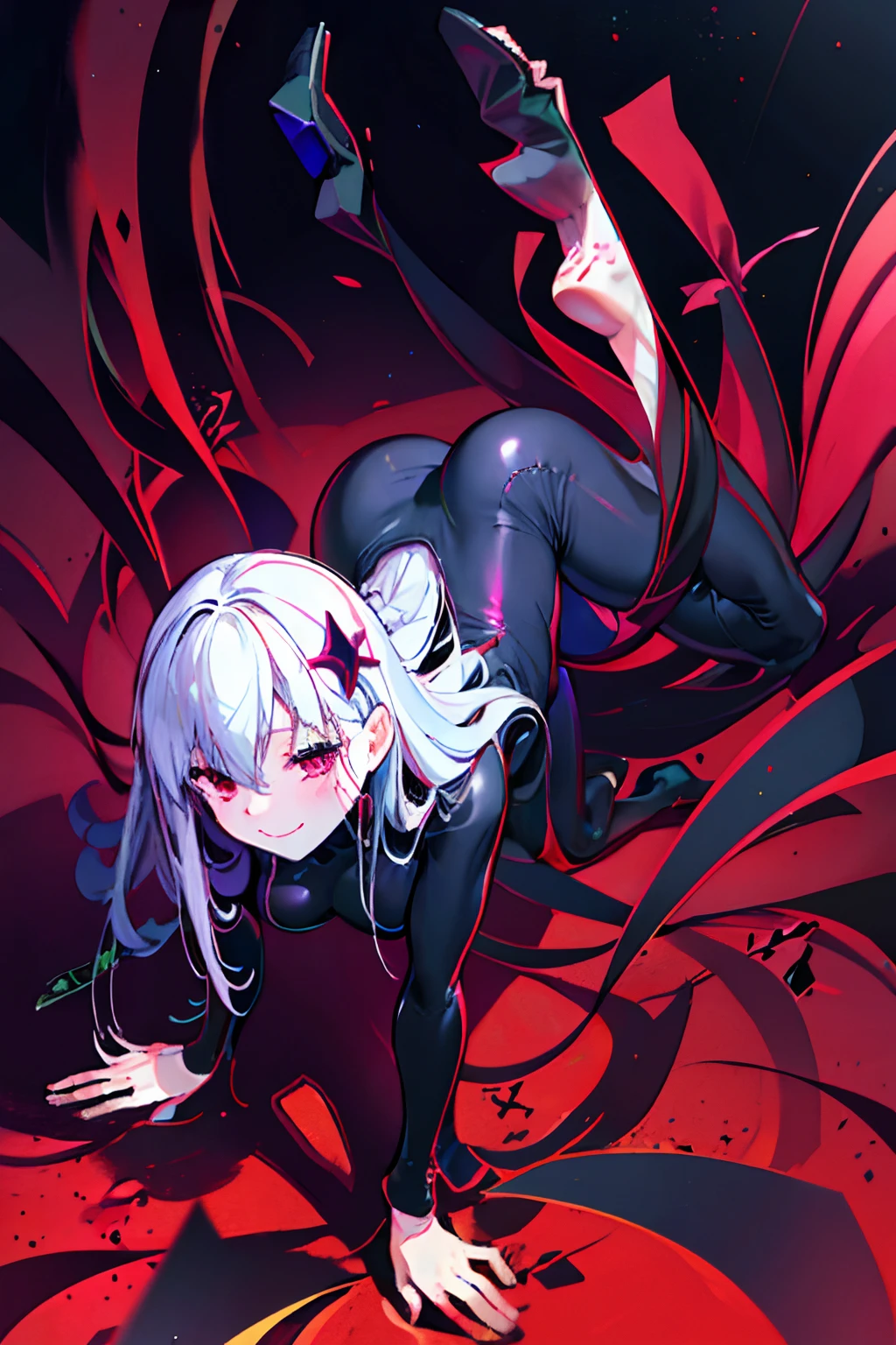 Black full body suit　5  girl　seductiv　a smile　succubus　crawl
