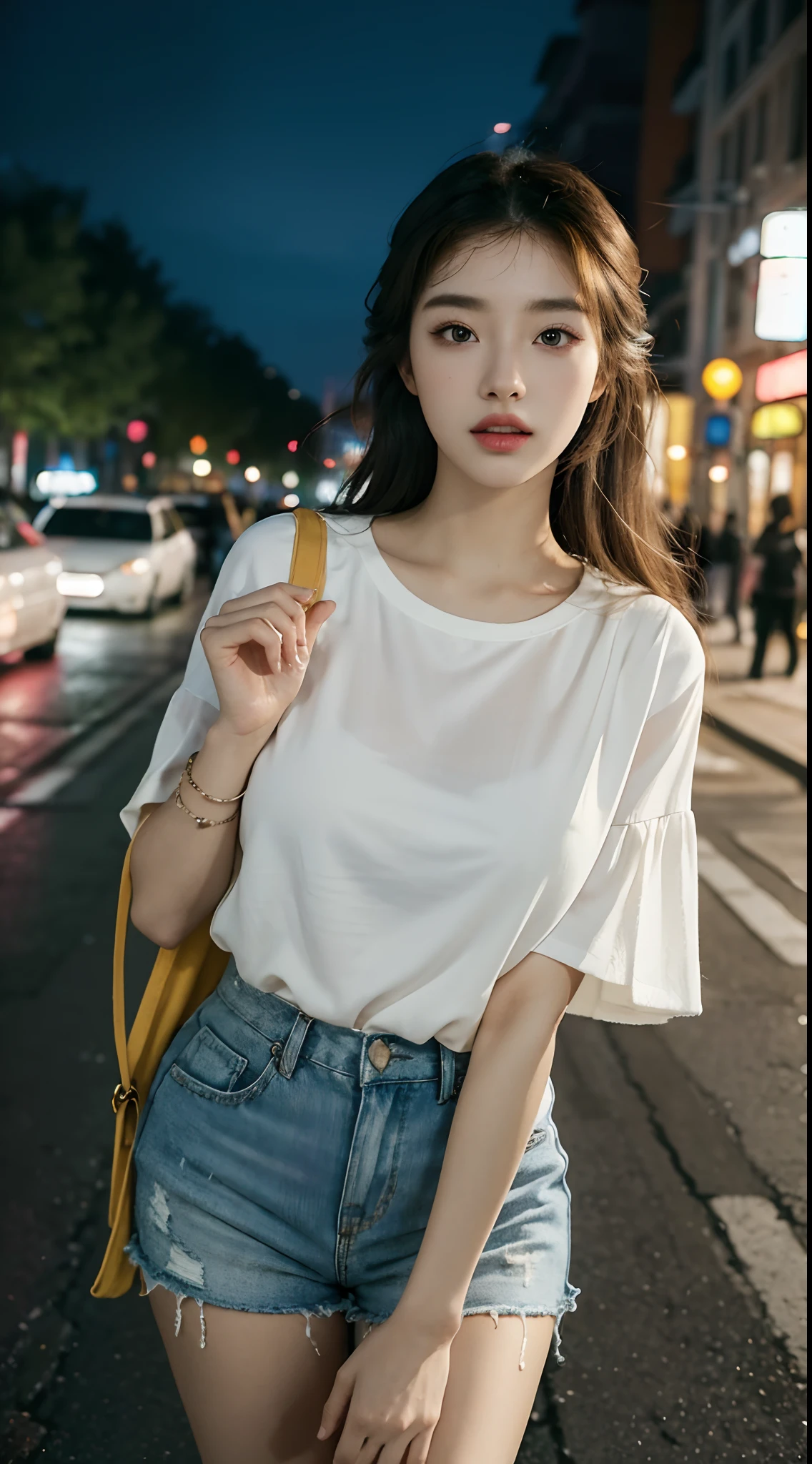 (Best quality,16k,A high resolution,Masterpiece:1.2),Ultra-detailed,(Realistic,Photorealistic,photo-realistic:1.37),Korean fashion beauty,Japanese and Korean beauties,cute and innocent,Detailed eyes and face,beautiful detailed lips,White teeth,Long eyelashes,slimification,fashionable in dressing,Shorts short skirt,Plump upper circumference,Large breasts,(Lovely,Charming:1.1),Colorful street background,Stylish clothes and accessories,Portrait style photography,Vivid colors,Street lights.