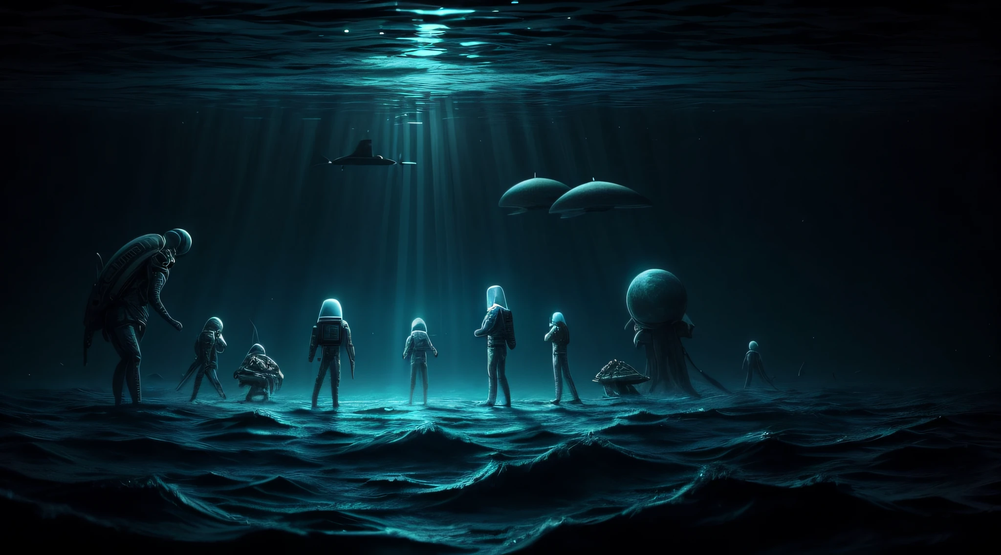 Illustrate a group of scientists communicating with extraterrestrial life forms beneath the ocean's surface