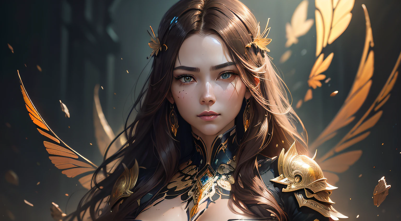 8k portrait of beautiful cyborg with brown hair, intricate, elegant, highly detailed, majestic, digital photography, art by artgerm and ruan jia and greg rutkowski surreal painting gold butterfly filigree, broken glass, (masterpiece, sidelighting, finely detailed beautiful eyes: 1.2), hdr