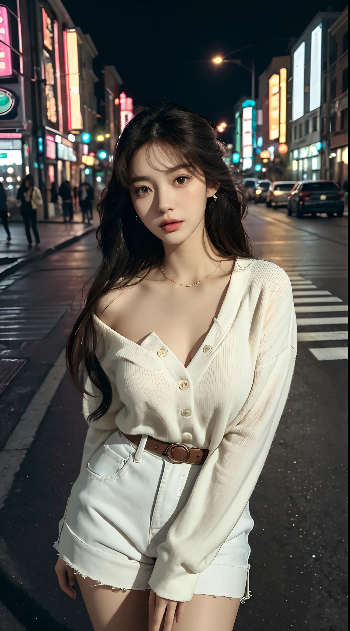 (Best quality,16k,A high resolution,Masterpiece:1.2),Ultra-detailed,(Realistic,Photorealistic,photo-realistic:1.37),Korean fashion beauty,Japanese and Korean beauties,cute and innocent,Detailed eyes and face,beautiful detailed lips,White teeth,Long eyelashes,slimification,fashionable in dressing,Shorts short skirt,Plump upper circumference,Large breasts,(Lovely,Charming:1.1),Colorful street background,Stylish clothes and accessories,Portrait style photography,Vivid colors,Street lights.