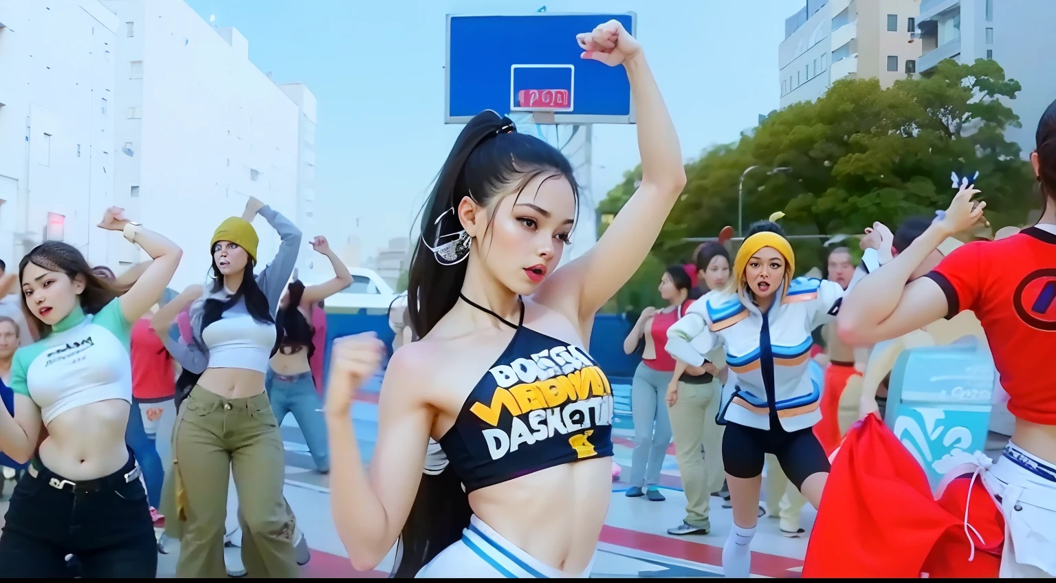 dancers in a group performing a dance routine in a city, new jeans