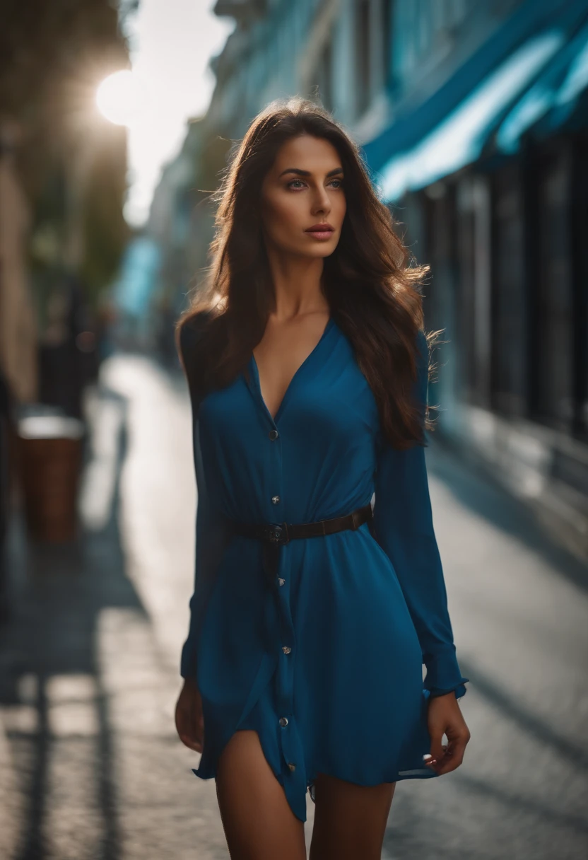 Thin brunette woman about 23 years old, caminando por la calle, sin ropa, ojos azules, fotorrealista