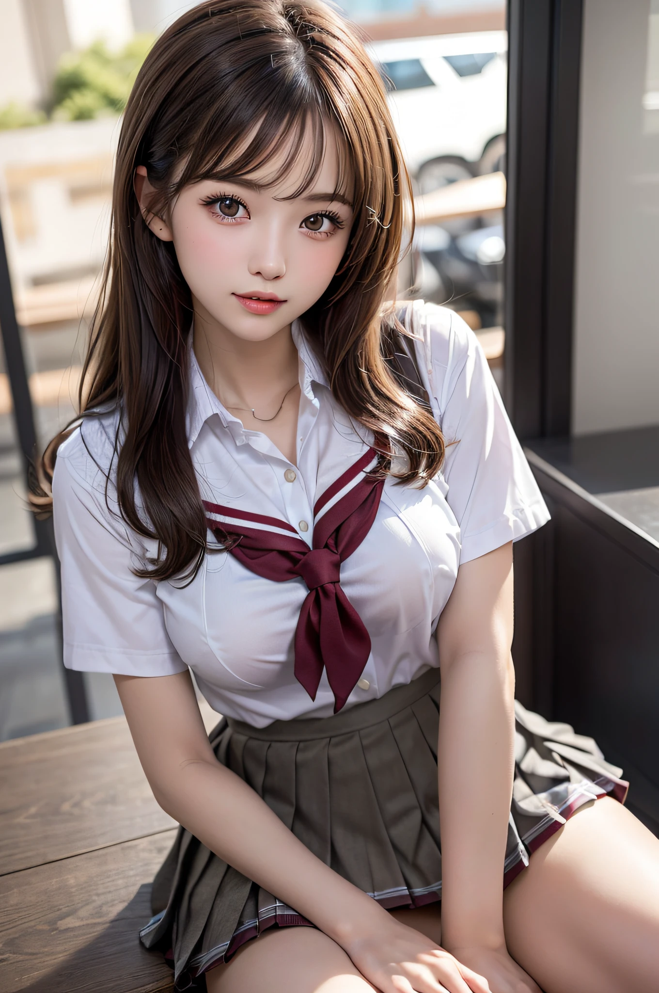 (2girls), Brown hair, Amazing face and eyes, Pink eyes, (High school uniform with wide open breasts:1.3), Beautiful big breasts, bared  chest, (amazingly beautiful girl), Brown hair, (High School Uniform, Pleated mini-skirt:1.5), ((Best Quality)), (Ultra-detailed), (extremely detailed CG unified 8k wallpaper), Highly detailed, High-definition raw color photos, Professional Photography, sitting, legs wide open, (((Bokeh))), depth of fields,