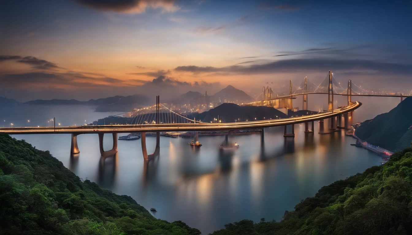 Best quality, Masterpiece, 超高分辨率, (photograph realistic:1.4), surrealism, Dream-like,fusionart, Hong Kong-Zhuhai-Macao Bridge