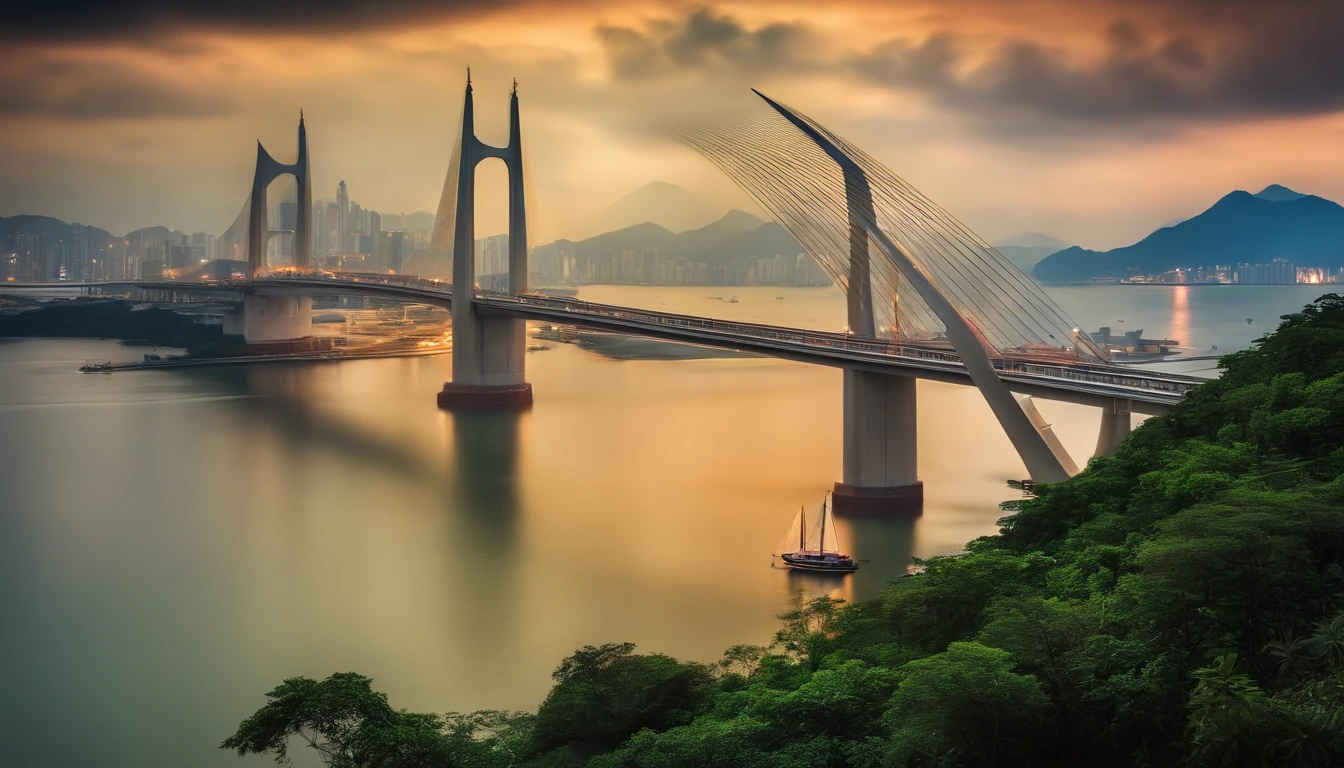 Best quality, Masterpiece, 超高分辨率, (photograph realistic:1.4), surrealism, Dream-like,fusionart, Hong Kong-Zhuhai-Macao Bridge