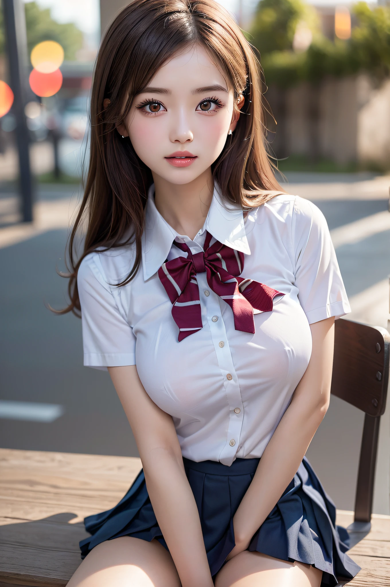 (2girls), Brown hair, Amazing face and eyes, Pink eyes, (High school uniform with wide open breasts:1.3), Beautiful big breasts, bared chest, (amazingly beautiful girl), Brown hair, (High School Uniform, Pleated mini-skirt:1.5), ((Best Quality)), (Ultra-detailed), (extremely detailed CG unified 8k wallpaper), Highly detailed, High-definition raw color photos, Professional Photography, sitting, legs wide open, (((Bokeh))), depth of fields,