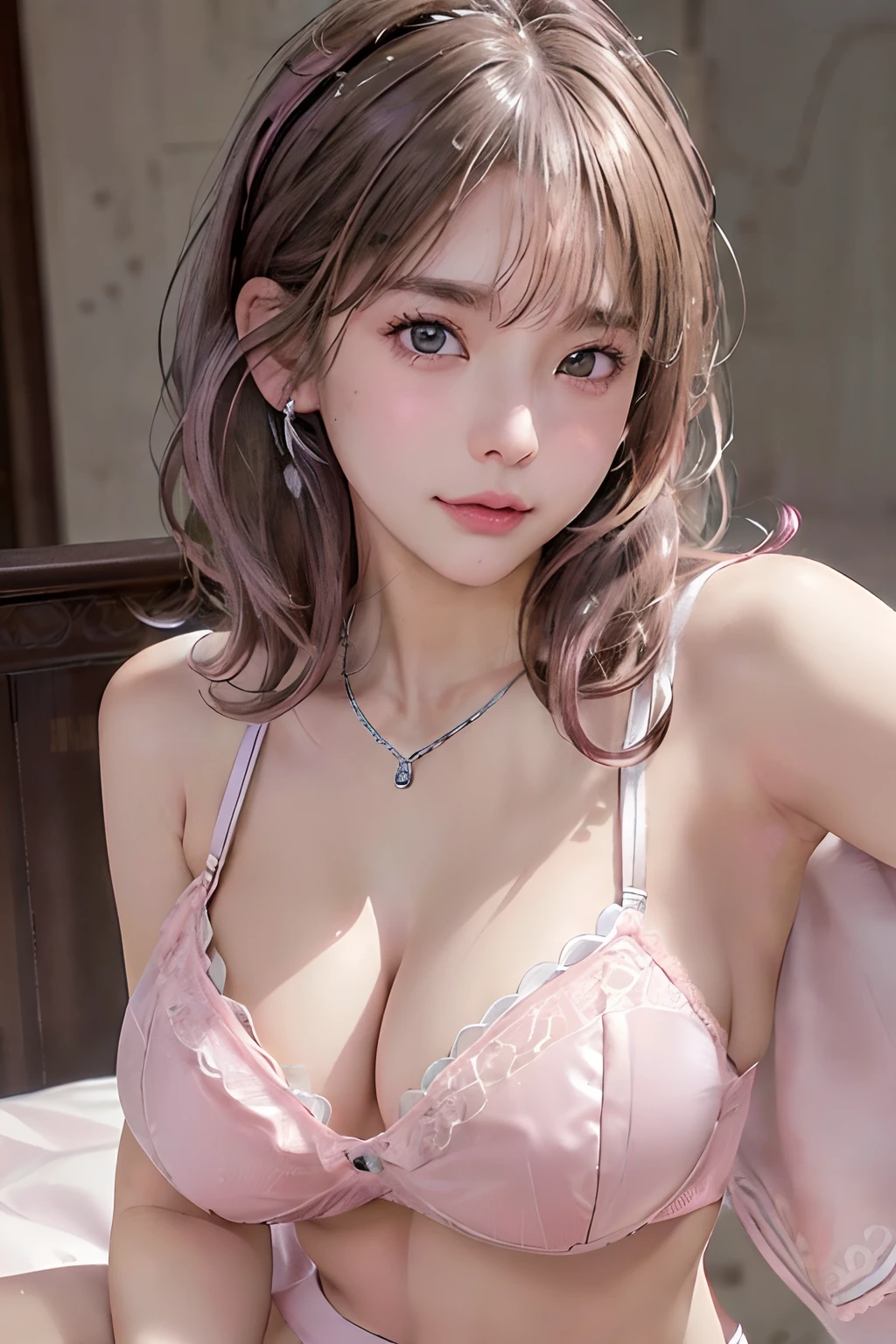 (8K:1,5),Light brown shorthair and silver mix,、disheveled hair、Light brown eyes、(dignified expression)、(爆乳:1.4)、Emphasize the valley、(Photorealsitic)、Shadow、(The face of the golden ratio:1.2)、(intricate detailes:1.2)、(masterpiece、:1.3)、(top-quality:1.4)、(超A high resolution:1.2)、超A high resolution、(A detailed eye)、(Detailed ears)、(Detailed eyebrows)、(Detailed mouth)、(detailed facial features)、((Silver necklace))、Luxury Night Bar,(gals:1.2),(PINK Underwear:1.4),((cleavage,Unbuttoned):1.2),(Wrap the udder with clean and detailed hands:1.2)