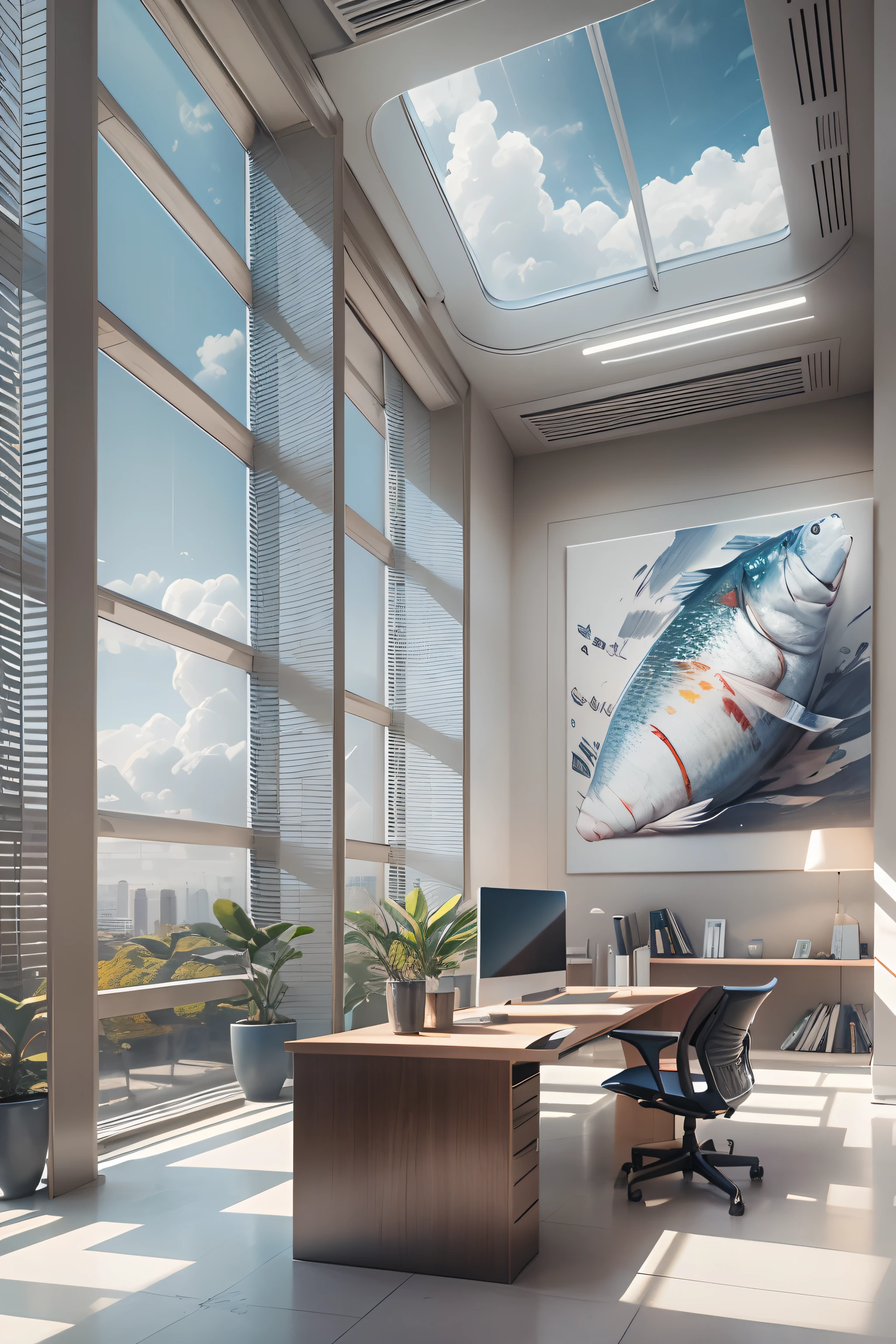 office room,There is a wall in the middle of the office,The painting on the wall is in the middle, Paintings on the walls, skyscape, Large airy windows, Zaha Hadid and Santiago Calatrava landscape panoramic style, Fish, Clear light, Edge lighting, Perfect image, Building summary style, 16k UE5. superfine, 8K, hdr, Product photography, Depth of field, Nikon D850, Ultra-realistic, no contrast, clean sharp focus, professional, No blurring
