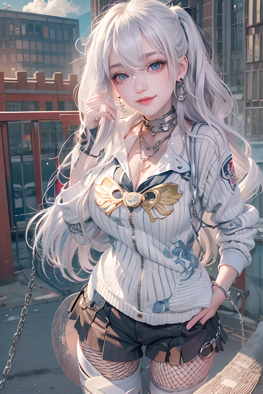 Masterpiece, Best quality, Sunset, Cityscape, Real, Huge_filesize, Everyone, Girl, Long hair, White hair, Wavy hair, Beautiful detailed eyes, Medium breasts, seifuku, Shorts under the skirt, fishnets pantyhose, Earrings, pendant, shackle, Chains, Light smile, Miniskirt,