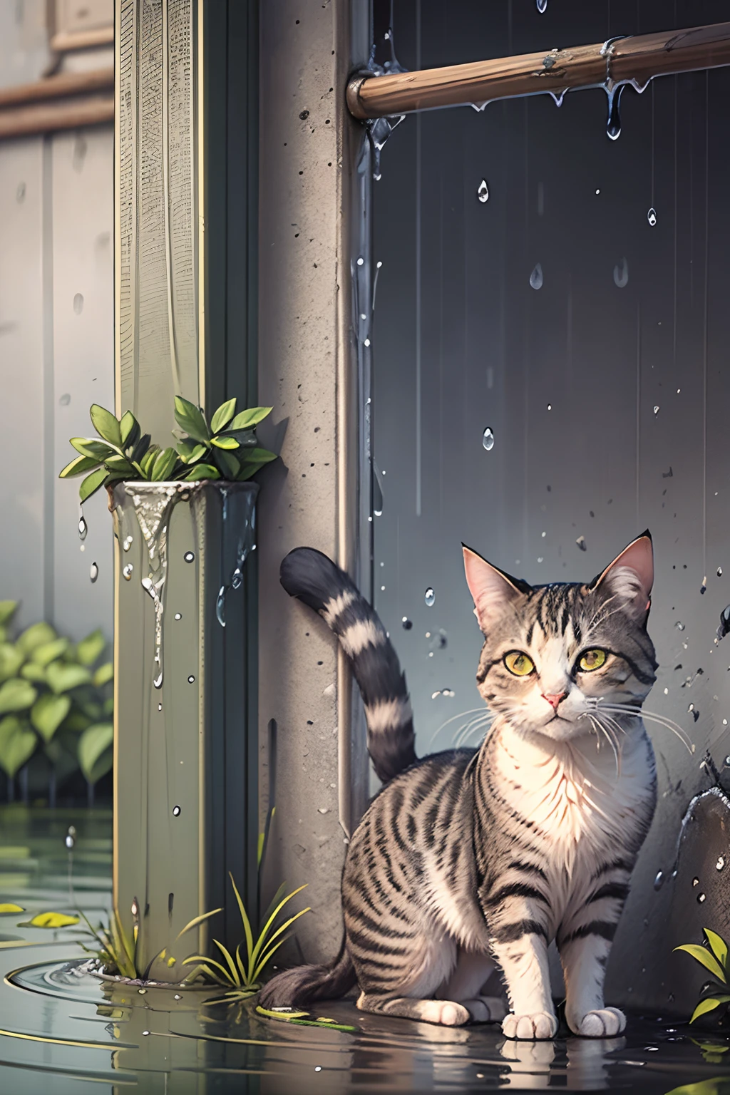 comic strip,Cartoon Split,Storyboard,A stray cat,Superfood under the pole,raining day,water bloom,standing water