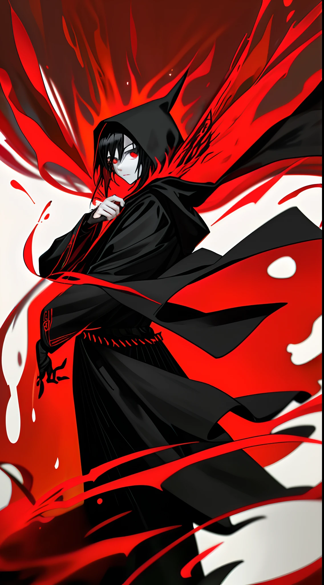 A teenager wearing a black shawl hood engraved with red runes,,Black color hair,Black color hair,Black color hair,Dress in black,face expressionless,Magic makes,Black and red twisted arms