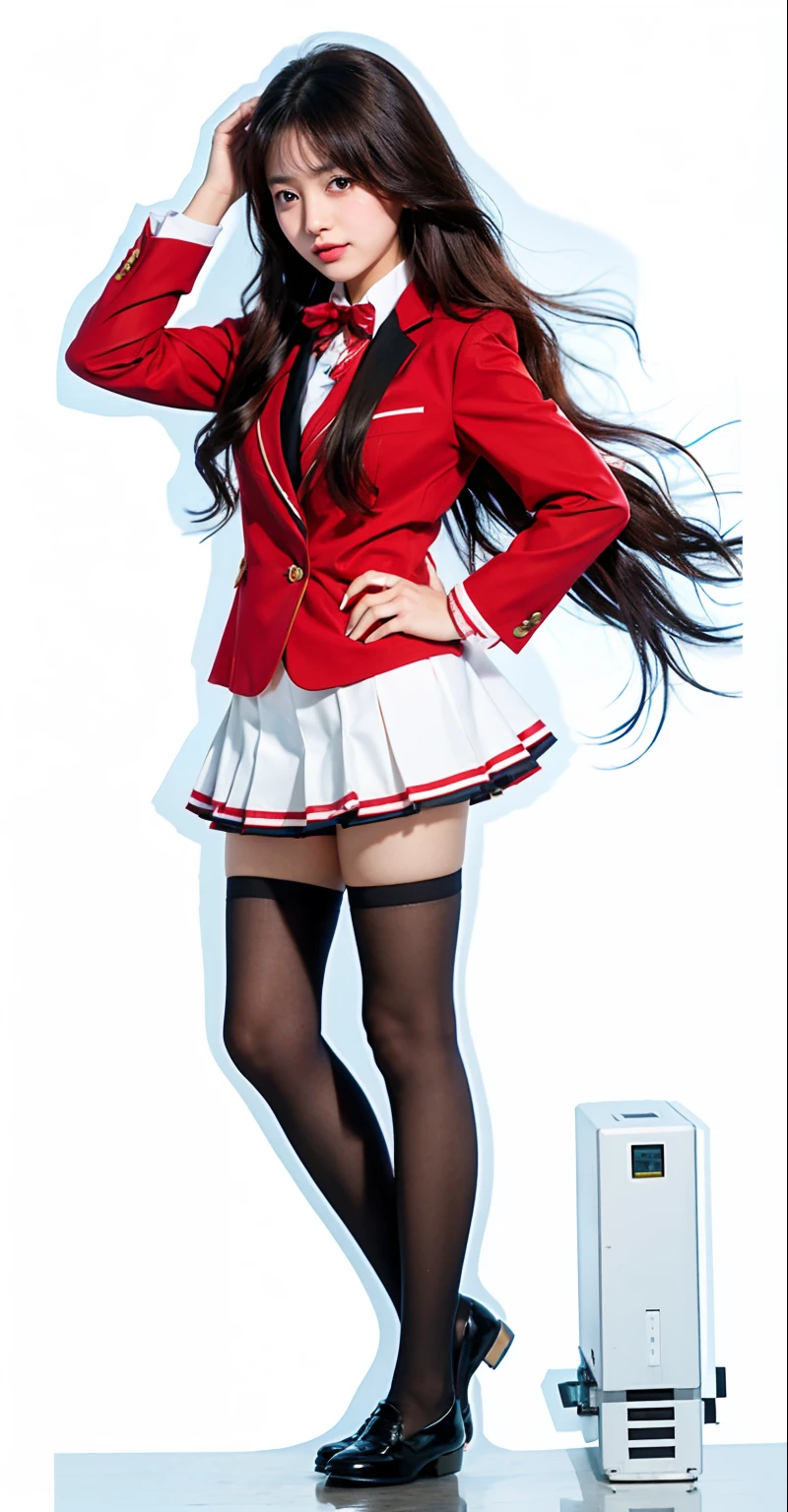 a girl, long hair, red blazer, short skirt, long socks, Suzune Horikita from High School of Elit, high resolution, seifuku, hyperrealistic, beautiful high school girl