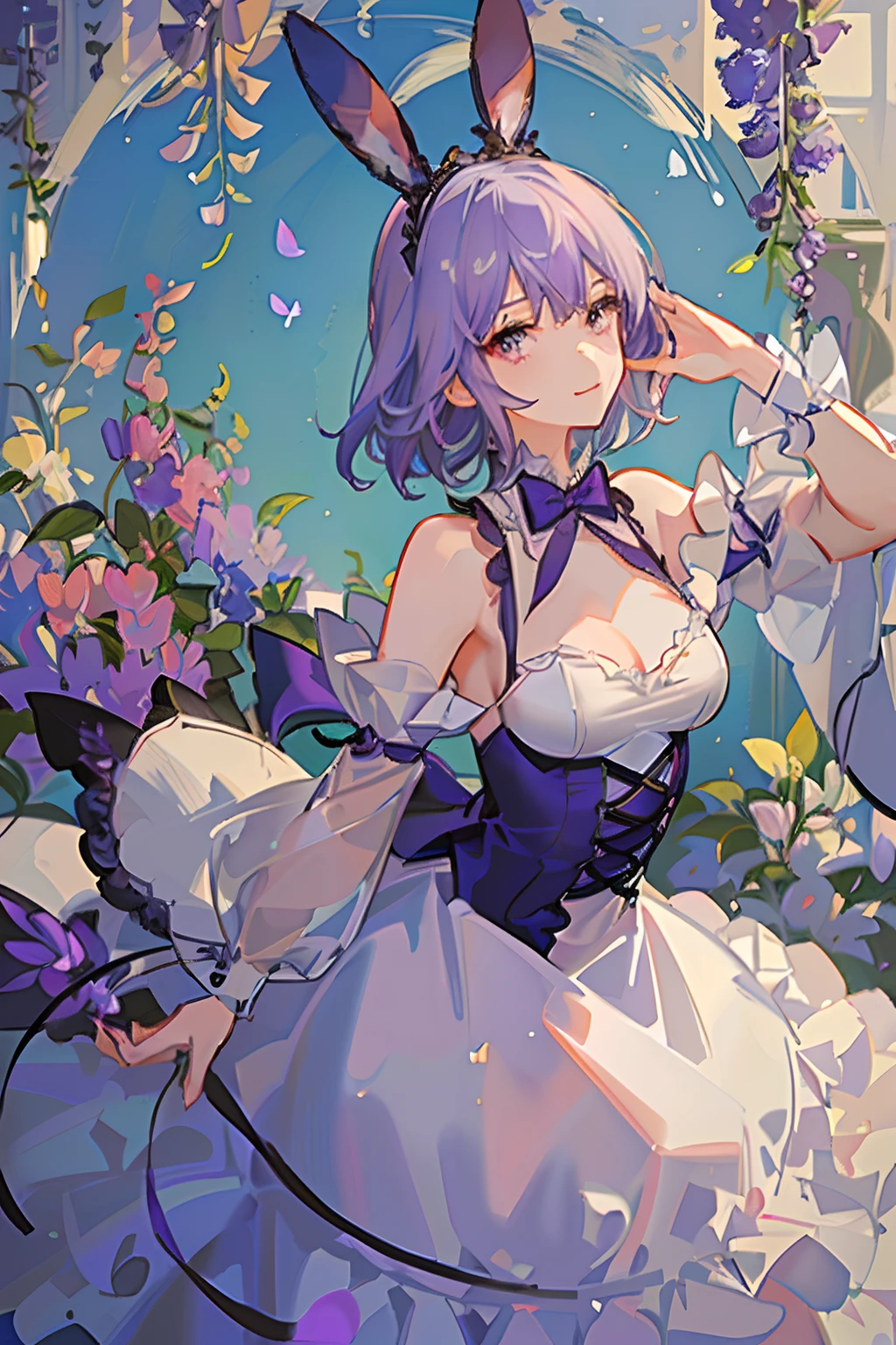 lilac purple hair，short detailed hair，Qi bangs，Wisteria rose，bunny ears