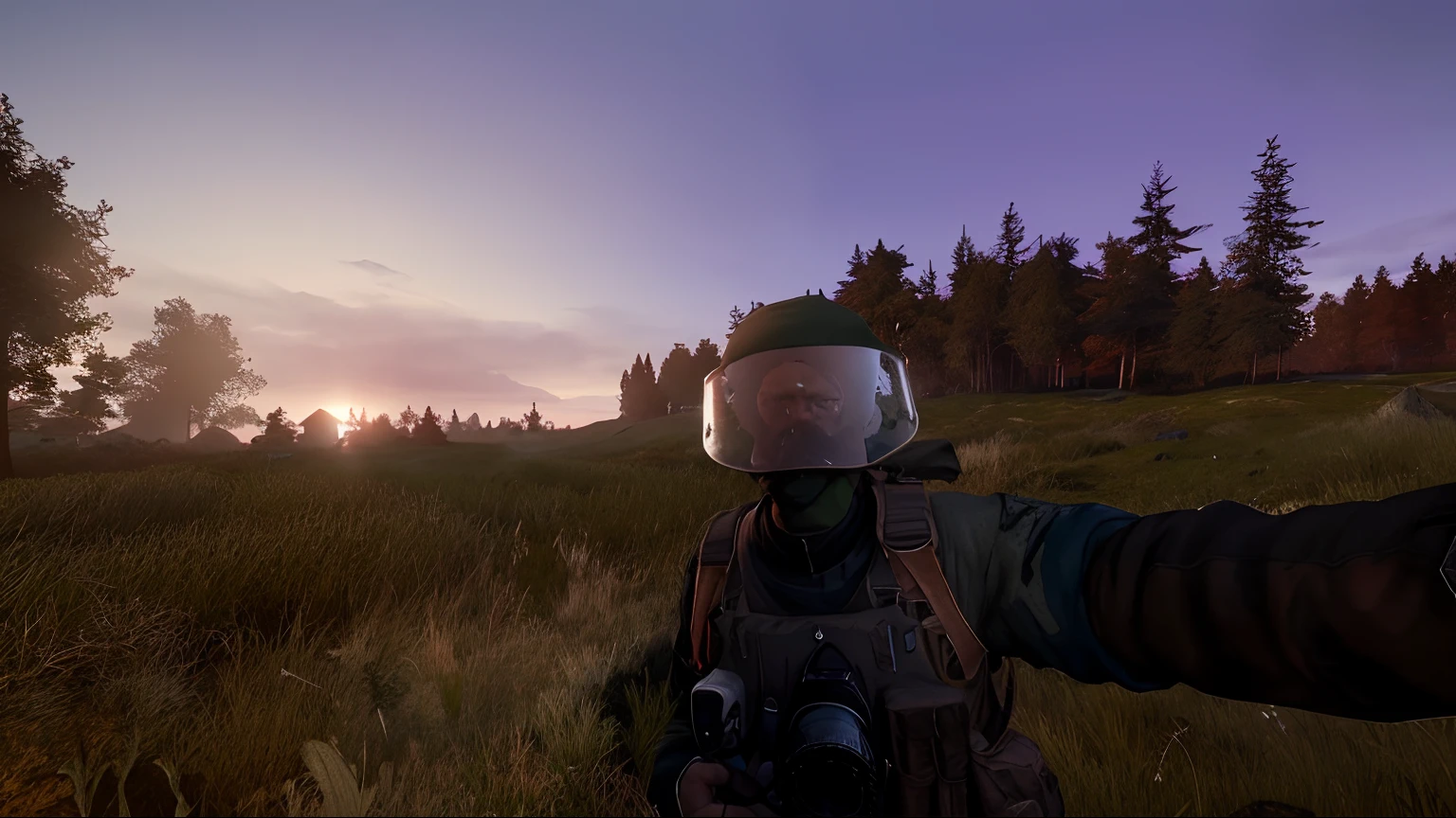 There is a person holding a camera in a field, em dayz, First-person view, vista em primeira pessoa, captura de tela em primeira pessoa, Captura de tela do videogame de 2020, em Tarkov, First person view, fps view, Captura de tela de um FPS, Jogo de FPS, dayz, 9 0 graus FOV, POV em primeira pessoa, jogo de tiro em primeira pessoa hud