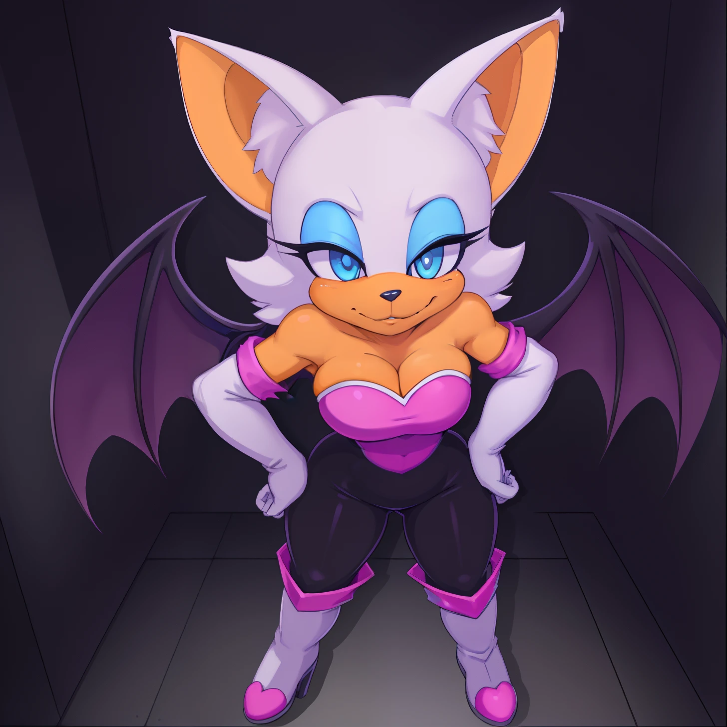 [rouge the bat], [Uploaded to e621.net; (Pixelsketcher), (twistedterra), (napalm_express)], ((masterpiece)), ((solo portrait)), ((front view)), ((full body)), ((sexy)), ((furry; anthro)), ((detailed fur)), ((beautiful artwork)), ((detailed shading)), ((beautiful render art)), ((intricate details)), {anthro bat; (beautiful woman's body), (orange and white fur), black nose, big ears, beautiful blue eyes, (light blue eyeshadow), (purple bat wings), (seductive gaze), (beautiful lips)}, {(cleavage), (black spandex tights), (white knee high boots)}, {(standing), (hand on hip)}, [background; (museum), (dark room), (red glowing ruby)]