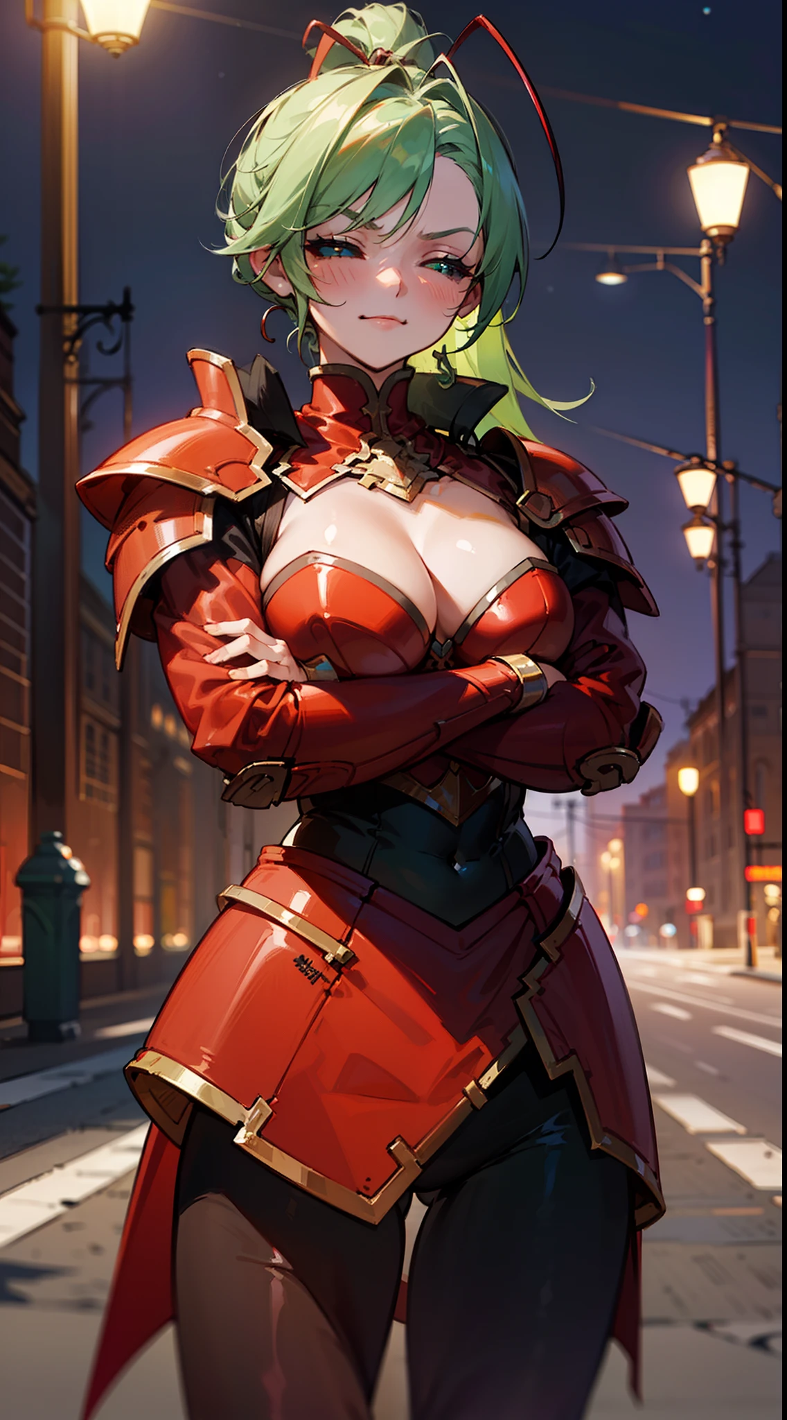 (Original Character,8k, Masterpiece, Best Quality,Detailed, Beautiful Detailed Eyes, solo),mature female,tall, fine skin,cleavage,cowboy shot,light green hair,ponytail hair,((hair 2antennas)),standing a road in night,((red armor)),crossed arms,black pantyhose, angry face,smile,closed eyes