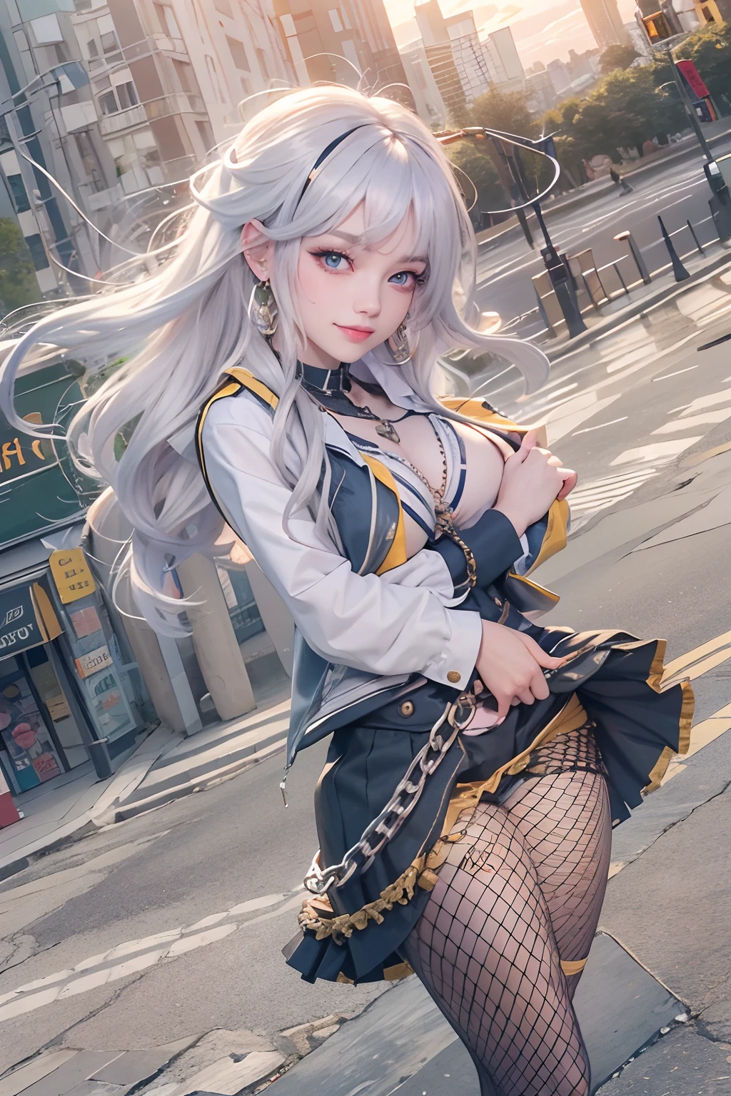 Masterpiece, Best quality, Sunset, Cityscape, Real, Huge_filesize, Everyone, Girl, Long hair, White hair, Wavy hair, Beautiful detailed eyes, Medium breasts, seifuku, Shorts under the skirt, fishnets pantyhose, Earrings, pendant, shackle, Chains, Light smile, Miniskirt,