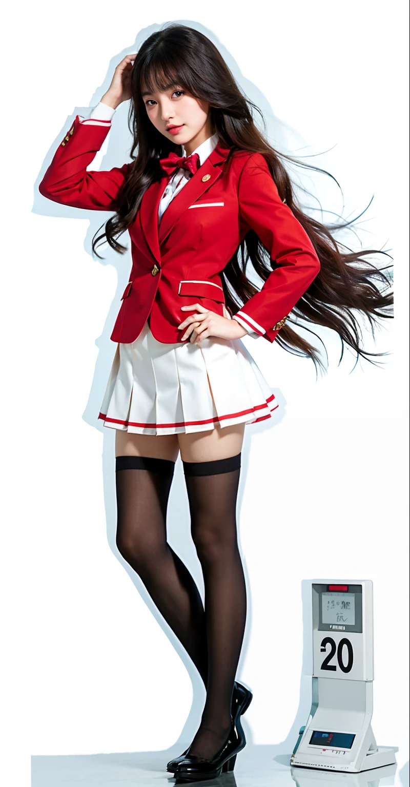 a girl, long hair, red blazer, short skirt, long socks, Suzune Horikita from High School of Elit, high resolution, seifuku, hyperrealistic, beautiful high school girl