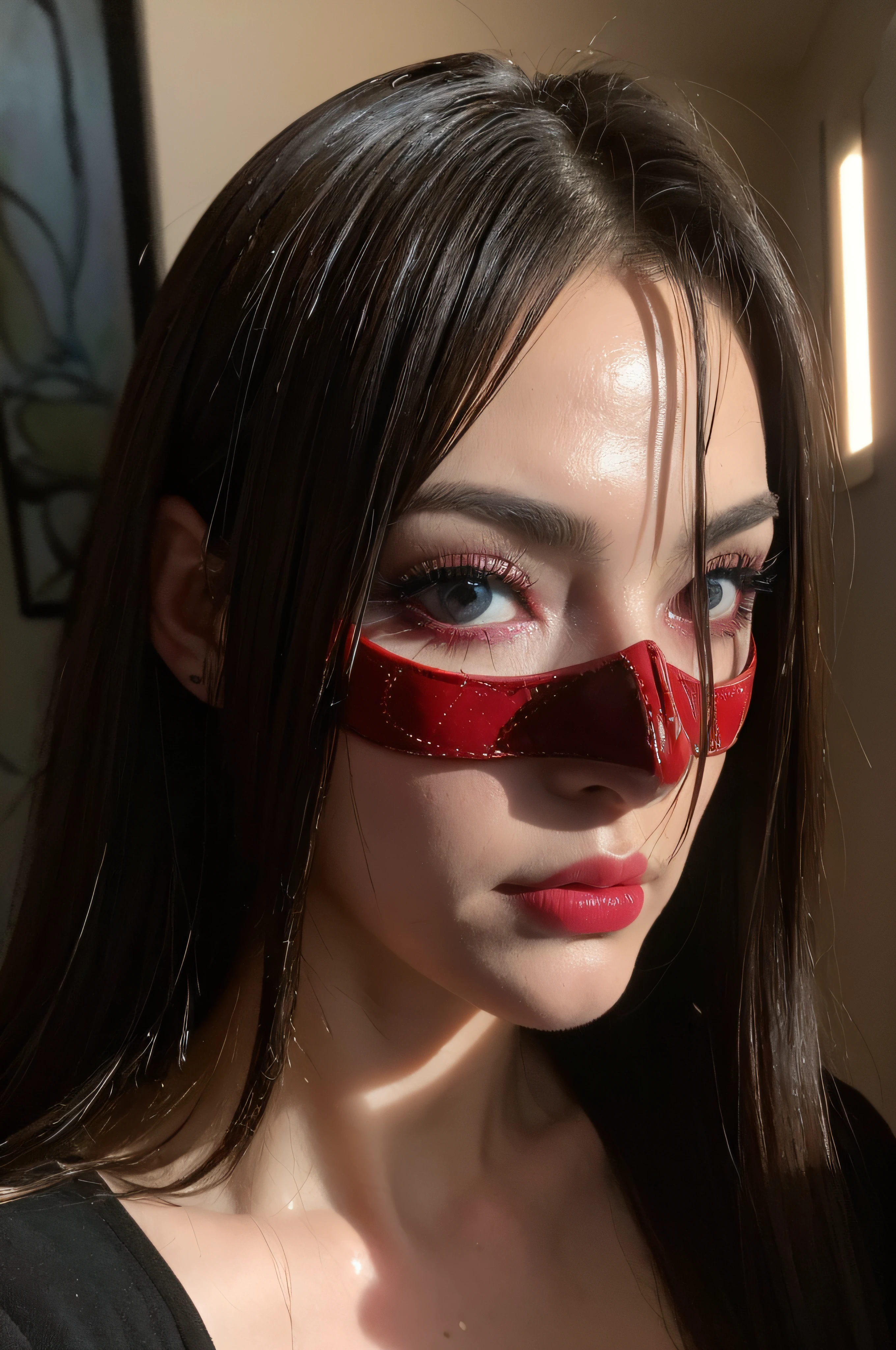 "(The best lighting, oscuro, dramatic),(Mujer, t-800, Hellraiser, triste, Cicatrices, nude, cerebro, sangre, una rata dentro de la cabeza, Horror mask.),(ojos rojos, calaveras). morning light.