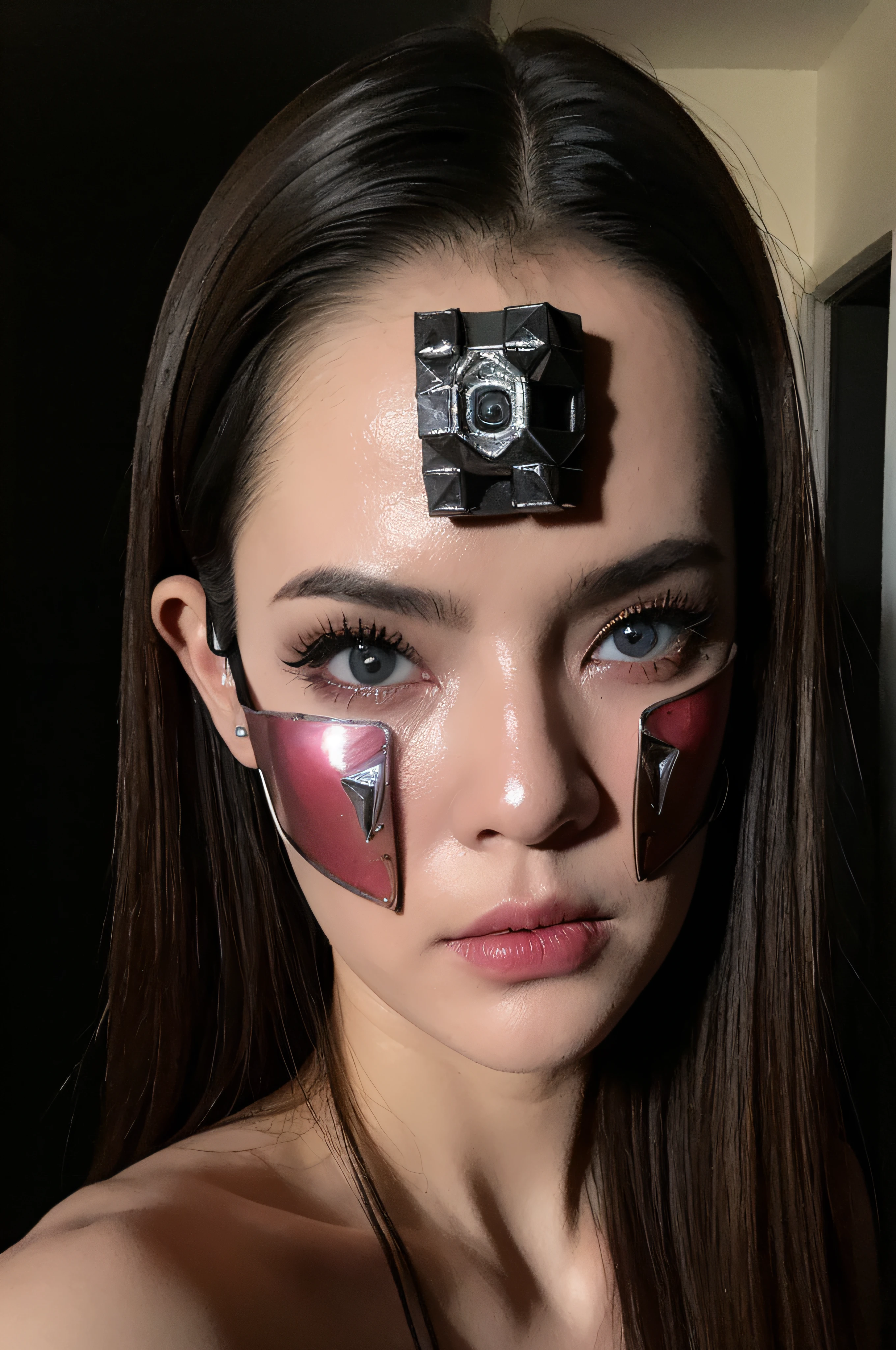 "(The best lighting, oscuro, dramatic),(Mujer, robot, Hellraiser, triste, Cicatrices, , sexy, cerebro, sangre, una rata dentro de la cabeza, Horror mask.),(ojos rojos, calaveras). morning light.
