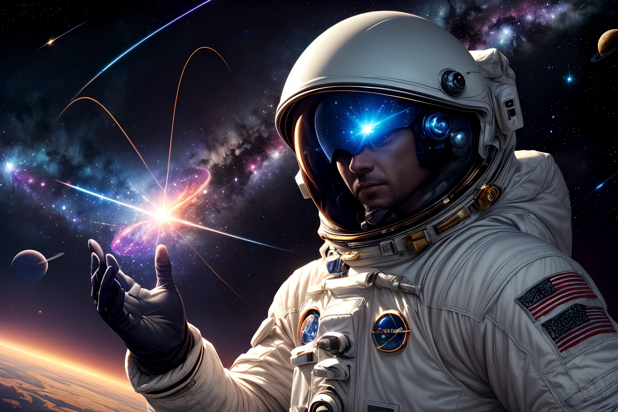 (best quality,4k,8k,highres,masterpiece:1.2),ultra-detailed,(realistic,photorealistic,photo-realistic:1.37), (coolbaddass guy with space suit  cosmic beam from his hand:1.4) ,cosmic energy),space type kamehameha,glowing eyes,alien appearance,intergalactic background,star-filled sky,nebula clouds,dazzling lights,cosmic aura,vivid colors,impressive power,commanding presence,charged atmosphere,extraterrestrial force,supernatural abilities,motion blur,stellar explosion,astounding visual effects,galaxy destroyer,awe-inspiring,forcefield protection,meteors scattering,cosmic energy waves,celestial powers,otherworldly spectacle,cosmic battle,space-time distortion,cosmic vibrations,illuminating the universe,intense energy release,unleashing the power of stars,astral projection,endless possibilities,cosmic display,interstellar warrior,unleashing cosmic forces,cosmic creation,ultimate cosmic power,limitless potential