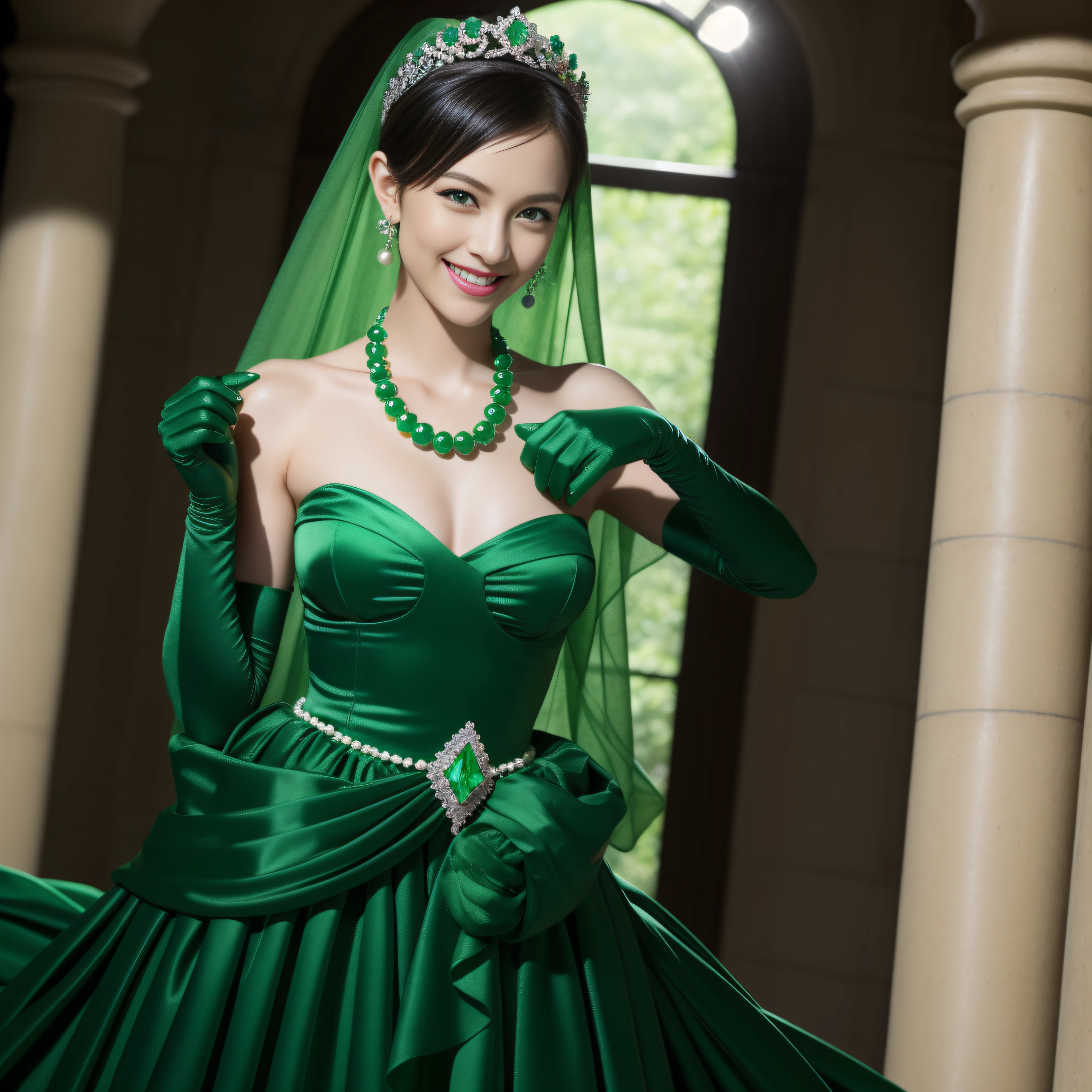 emerald tiara, Green Pearl Necklace, Boyish very short black hair, lipsticks, Japan woman smiling, very short short hair, big breasts beautiful, Green eyes, Long green gloves made of satin material, Green eyes, Emerald Earrings
