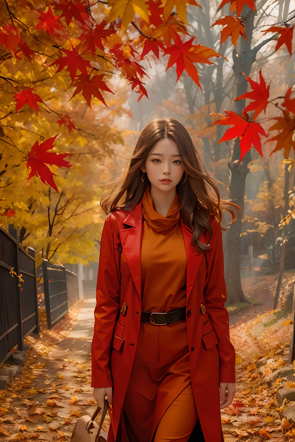 Create captivating autumn depictions, Flaming red maple，eventide，A beautiful woman walks on a path covered with maple leaves，Perfectly clear facial features，Scenic beauty，A place where nature lives in harmony，Let this artwork transport the viewer to another world,cinematic Film still from，high-definition photograph