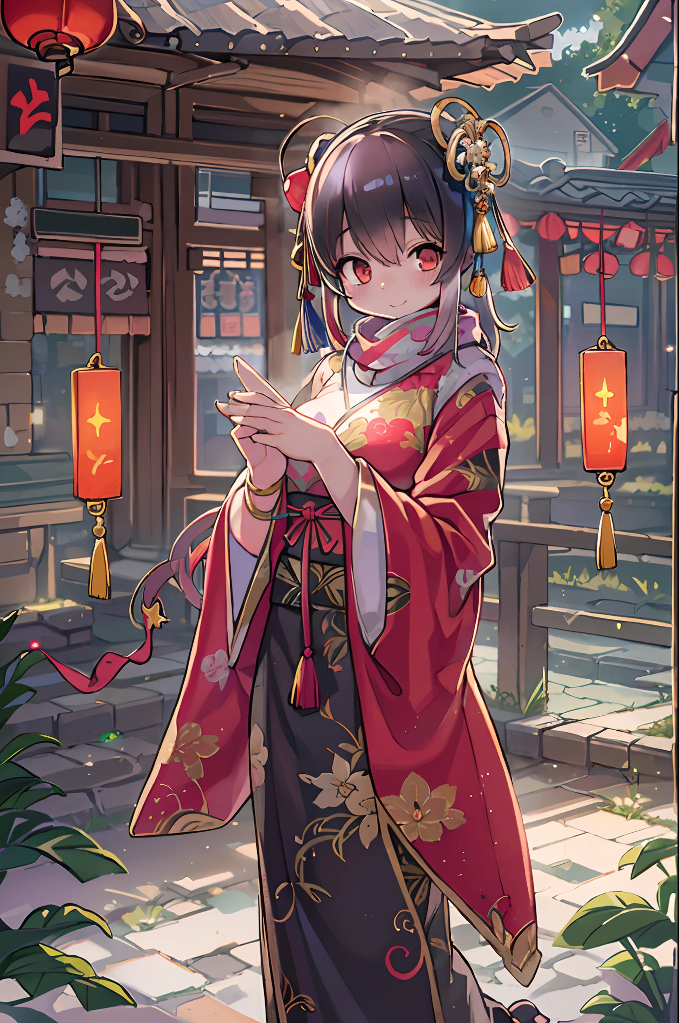 Best Quality, masutepiece, hight resolution, 1girl in, china hanfu,Background of Chinese Architect, red scarf, Hair Ornament,Necklace, Jewelry,Beautiful face,Inserting a into the_Body, Tindall Effect,Photorealistic, Dark Studio, Rim lighting, two tone lighting,(High detailed skin:1.2), 8K UHD, Digital SLR, Soft lighting, High quality, Volumetric lighting, Candid, photograph, High resolution, 4K, 8K, Bokeh、Cheongsam