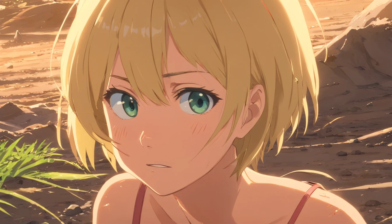 one blonde girl, dirt on face, sad, wounded, mud on face, scars on face, dirty hair, messy hair, dirty clothes, weak, sad, scared,
