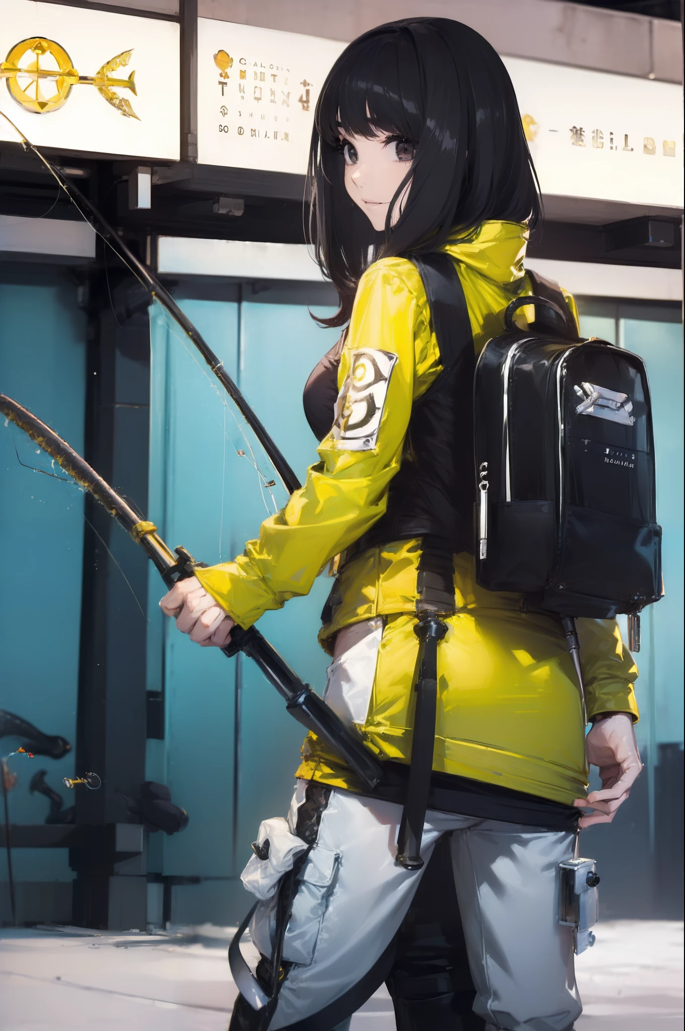 ((((Have a fishing rod with a reel:1.5)))),((Female 28 years old)),((Best Quality:1.5)),(((Fine fingers、Ratio 4 fingers and 1 thumb,detailed arms,detailed human hands))),(((Hands with the correct number and structure of fingers:1.4))),((Lakeside:1.37)),hight resolution,ultra-detailliert,masterpiece,best qualtiy,(Eight-headed body),(1 fishing rod,Holding a fishing rod in your hand,Fishing lure rod,Fishing Reels,Long Sleeve Outdoor Vest,Long pants for fishing,Big backpack),thin and long legs,Beautiful hip line,Beautiful spine,constricted back,Toned waist,beutiful breast),,Gentle smile,shiny lip,(1 fishing rod,Straight stretch fishing rod,Long fishing rod,Woman fishing with fishing rod in hand),Black hair, long eyeslashes, Solid Circle Eyes, drop shadow, Atmospheric perspective,Super Detail, ccurate, small brest,top-quality, blurry backround, bokeh dof:1.2, (masterpiece:1.3), Atmospheric perspective,Super Detail,dynamic compositions, Ultra High Quality,