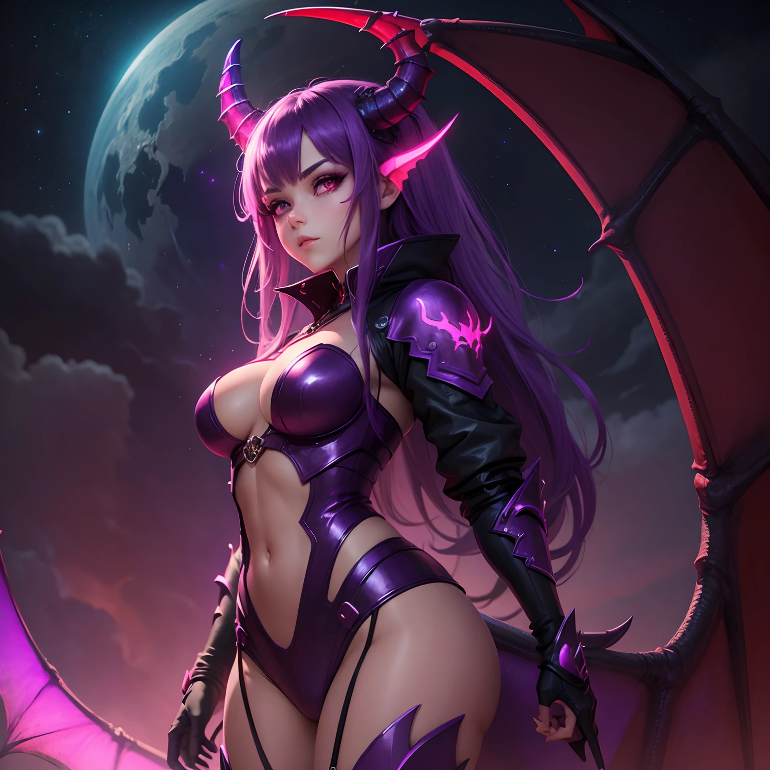 A dragon girl, purple and red colors, neon theme, night sky, ultra high quality