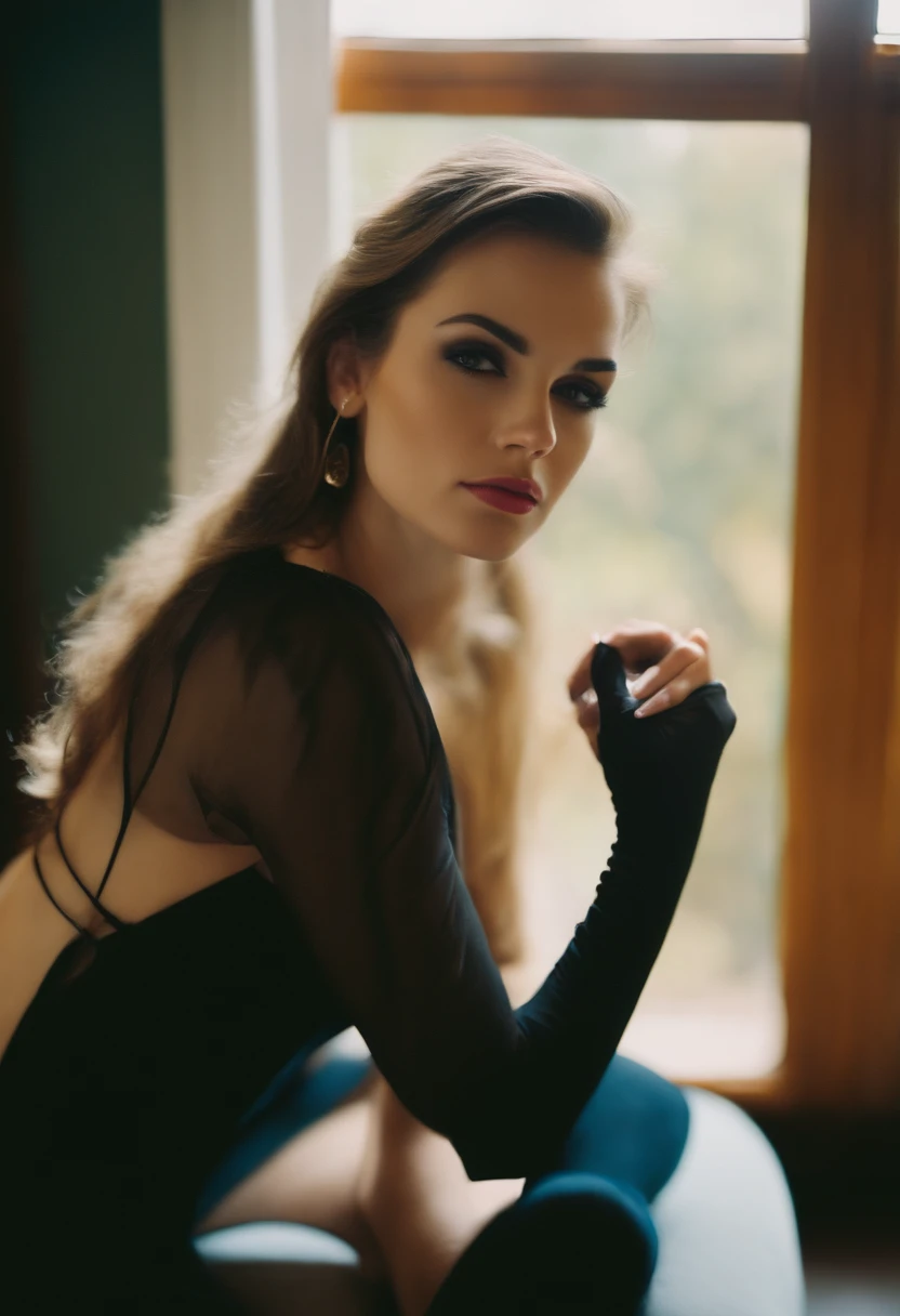 Kodak disposable camera photo of a beautiful female, foto of pretty young woman, brunette, slim, high heels, Cat eye, sharp bold makeup, bedroom, stockings