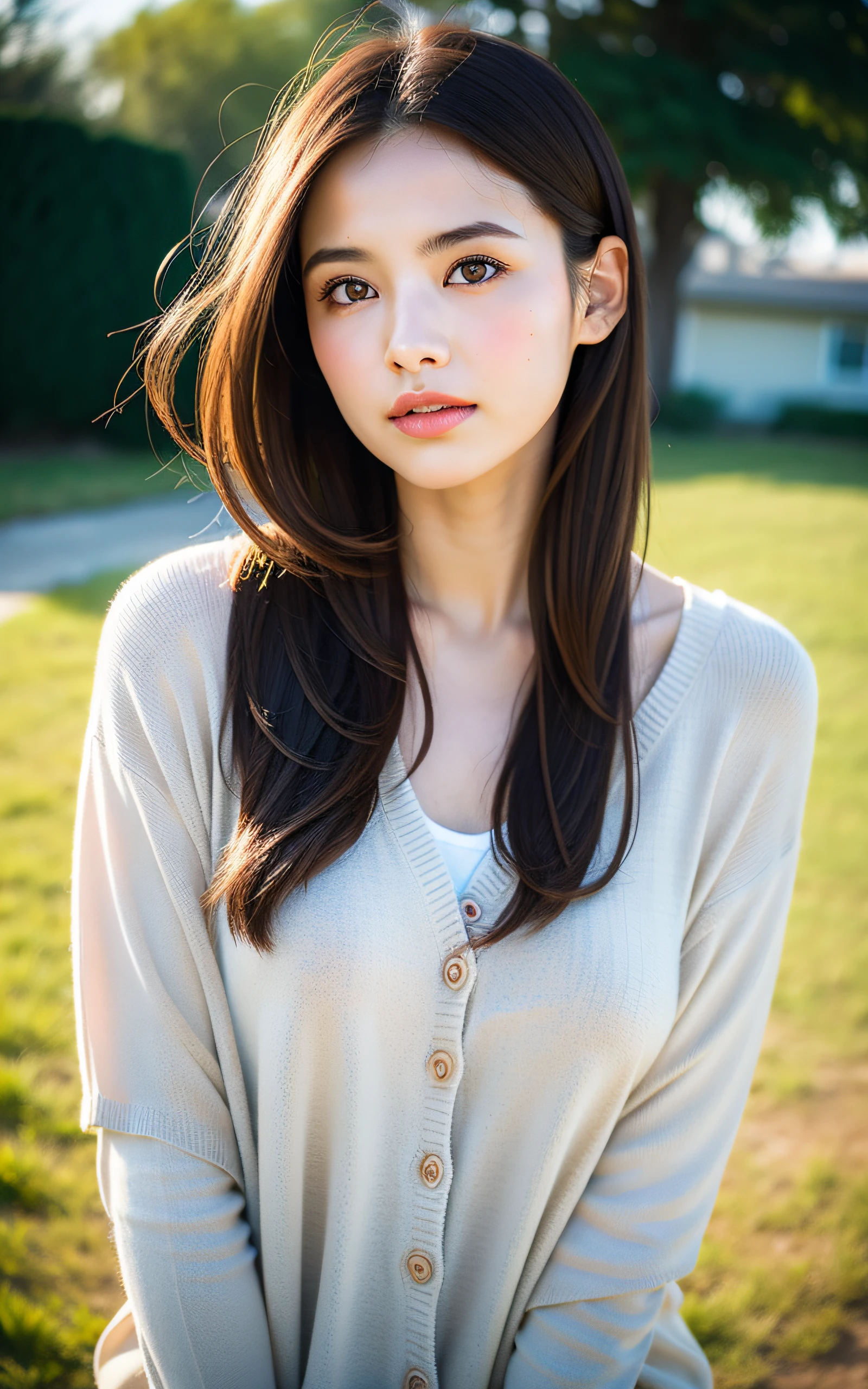 highest quality, soft light, ultra high resolution, (realistic:1.4), Japanese spring background,whole body,RAW photo, 1 japanese girl, alone, cute, (pupil, light in the eyes), detailed beautiful face, (small box),(High resolution details of human skin texture), (long hair), outdoor,cardigan