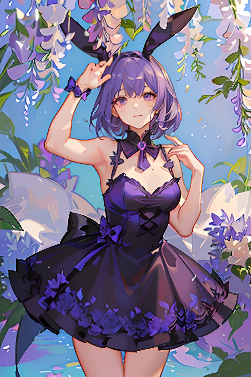 light violet hair,short detailed hair,Deep purple eyes,Qi bangs,Wisteria rose,bunny ears