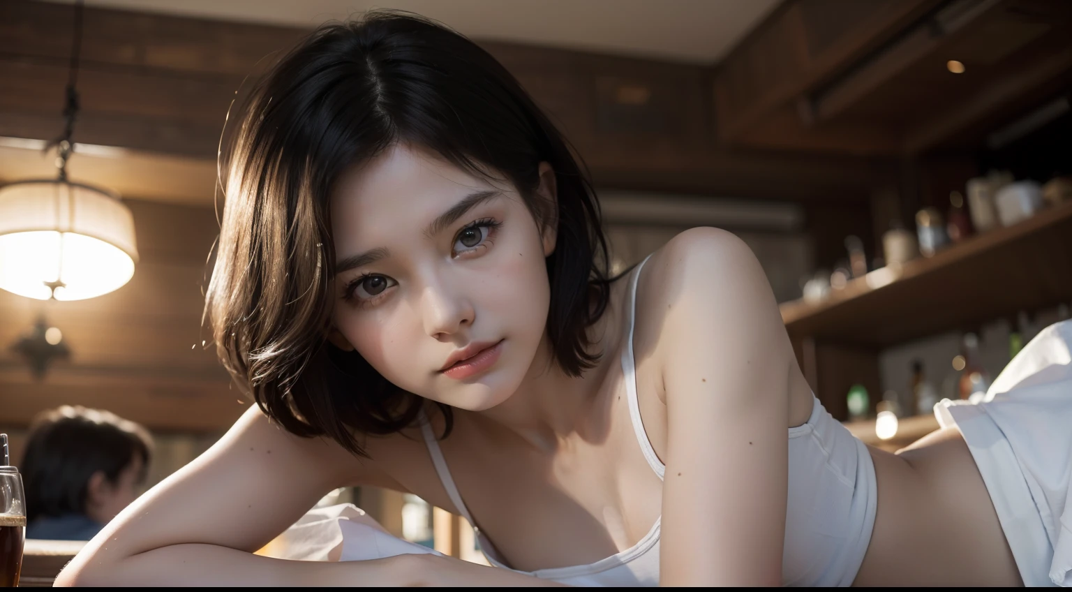 ((Best quality, 8k, Masterpiece: 1.3, raw photo)), Sharp focus: 1.2, 1 aespa girl, (realistic, photo-realistic:1.37), (face focus: 1.1), cute face, kindness, small breasts, flat chest, short messy hair, sitting, white summer casual, skirt, restaurant, bar, sunlight, cinematic lighting, from below