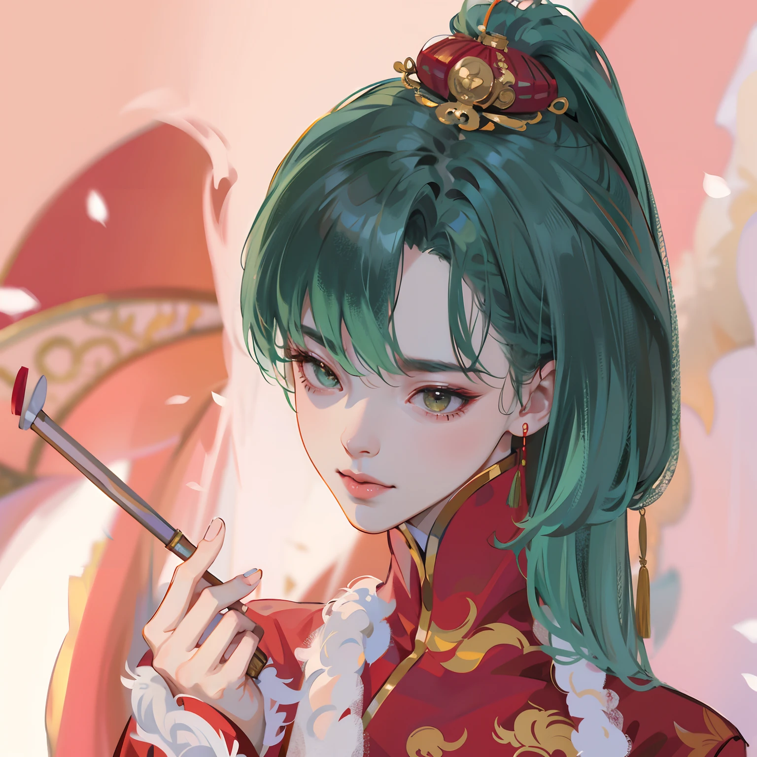 Sun wears green hair in a red cheongsam，Chinese women，Pipe in hand，Shawl with a white mink shawl，delicated face，A sad expression