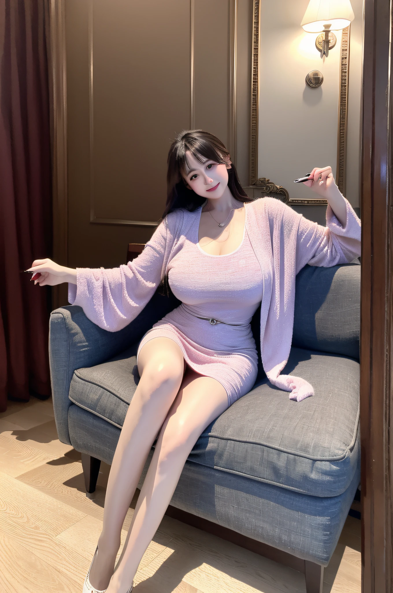 high detal，超高分辨率，Best image quality，A woman with dark brown hair，Fluffy hair，Painted with delicate makeup，（The chest Permit is big and super huge），tall and slim figured，The long legs are slender and slender，Wear a cute dress，Take pictures at home，Cinematic lighting，real photograph