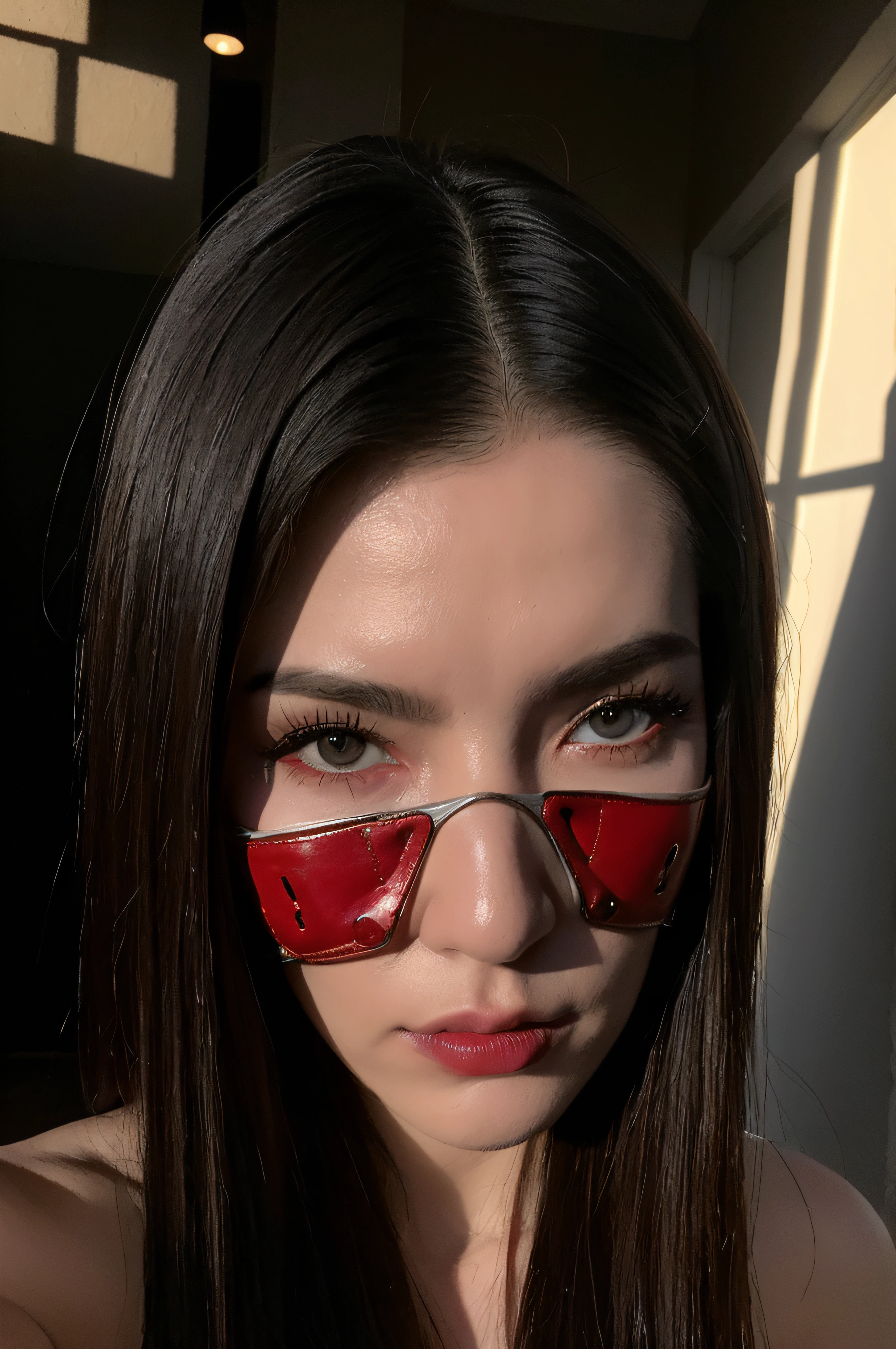 "(The best lighting, oscuro, dramatic),(Mujer, robot, Hellraiser, triste, Cicatrices, , sexy, cerebro, sangre, una rata dentro de la cabeza, Horror mask.),(ojos rojos, calaveras). morning light.