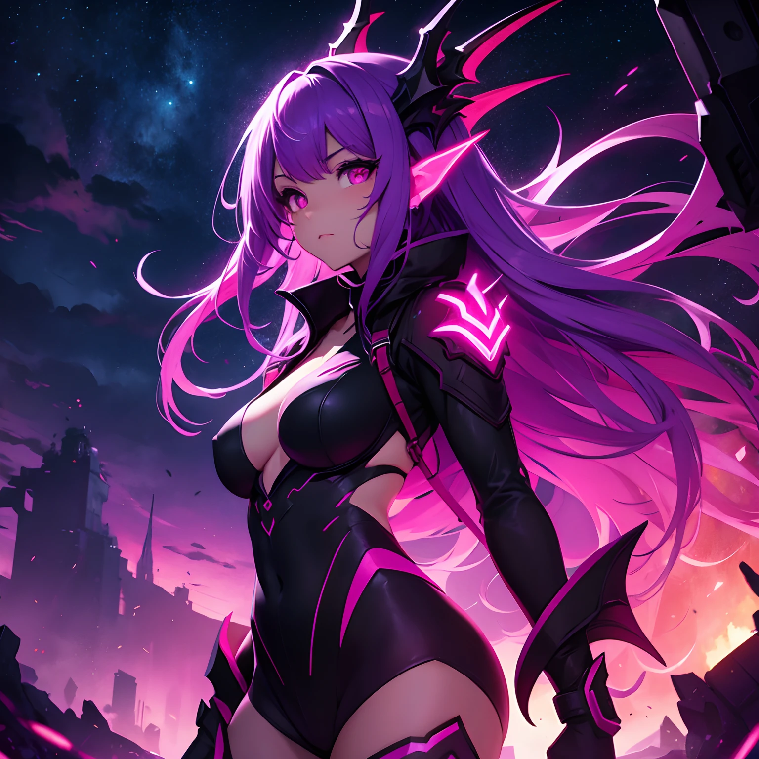 A dragon girl, purple and red colors, neon theme, night sky, high quality