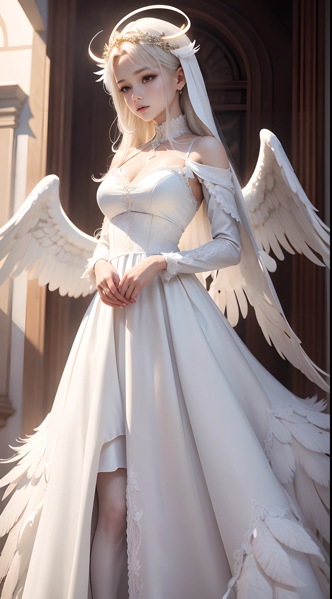 Beautiful angel in white dress, Art stands tall, Halo, White feathers