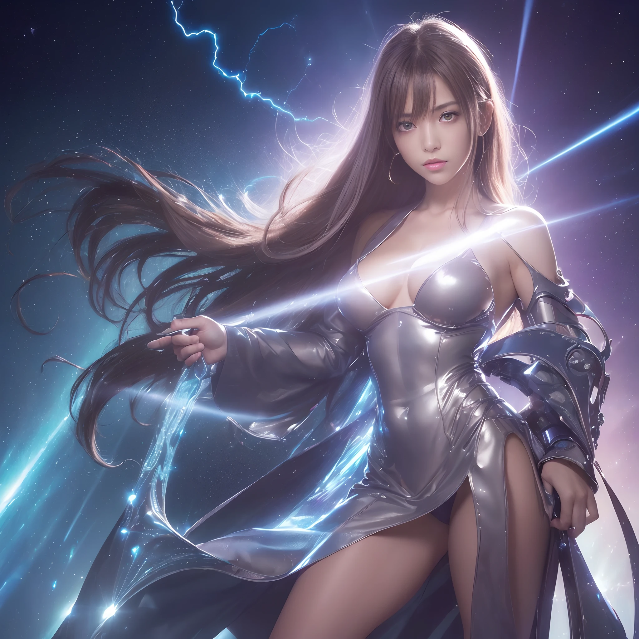 (((nffsw))), (((masutepiece))), (((8K))), (((hight resolution))), (((surrealism))), (((Cinematic lighting))), god rays, Zoom Layer, (((FULL BODYSHOT))), F/4.0, canon, Shiny skin,Detailed skin,Detailed face, Detailed eyes, Goddess of the Near Future, Futuristic dresses, Shoot a beam of light with a high-tech gun, Glittering effects