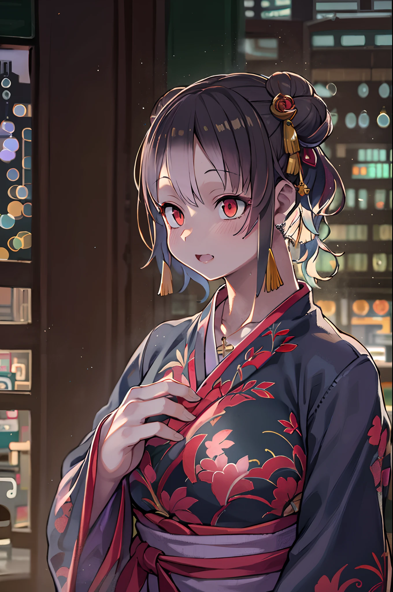 Best Quality, masutepiece, hight resolution, 1girl in, china hanfu,Background of Chinese Architect, red scarf, Hair Ornament,Necklace, Jewelry,Beautiful face,Inserting a into the_Body, Tindall Effect,Photorealistic, Dark Studio, Rim lighting, two tone lighting,(High detailed skin:1.2), 8K UHD, Digital SLR, Soft lighting, High quality, Volumetric lighting, Candid, photograph, High resolution, 4K, 8K, Bokeh、Cheongsam、bun