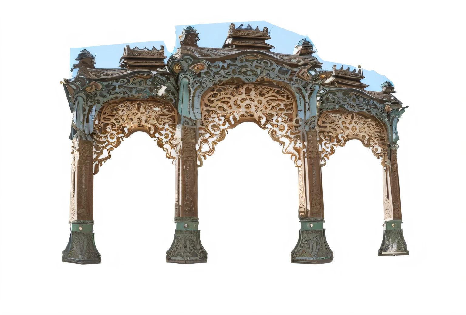 There is a large ornate structure, Art Nouveau temple, ornate turkic palace background, arches adorned pillars, pillars and arches, Ornate carved building, adorned pillars, archs and columns, Green gorgeous palace, architecture carved, giant majestic archways, steel archways, palace background, Pavilion, colonnade ornate headdress, Fountains and arches