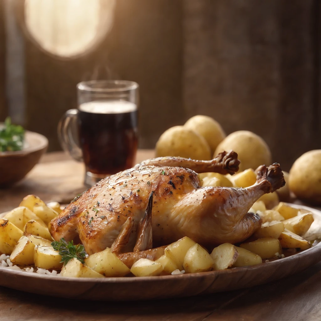 3D rendering:1.3) de (Realistic:1.3) Foto de arte mais bonita do mundo, Features grilled chicken-fish with potatoes, 8k unidade render, prato detalhado, (vibrante, fotogrdeia realista, Realistic, Dramatic, Escuro, foco nítido, 8k), (intrincado:1.4), decadente, (altamente detalhado:1.4), pintura digital, rendering by octane, art stations, Conceito-Arte, liso, foco nítido, illustration, germe da arte, (Loish:0.23), (global ilumination, studiolight, Light Volumetric)