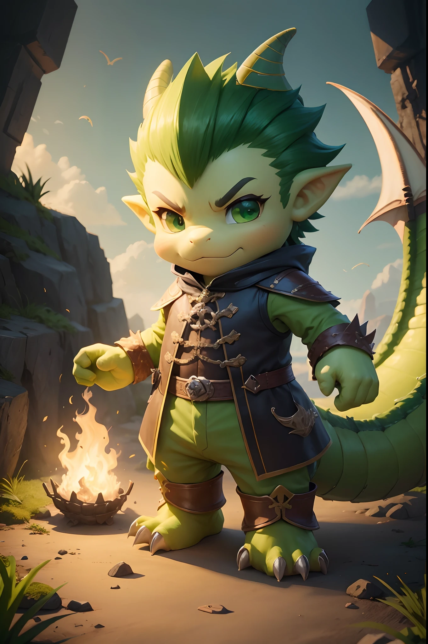 Create a dragon character, cor verde, Pescador, pequeno, com chapeu de explorador, com 9 cargos estaduais, Opening chest
