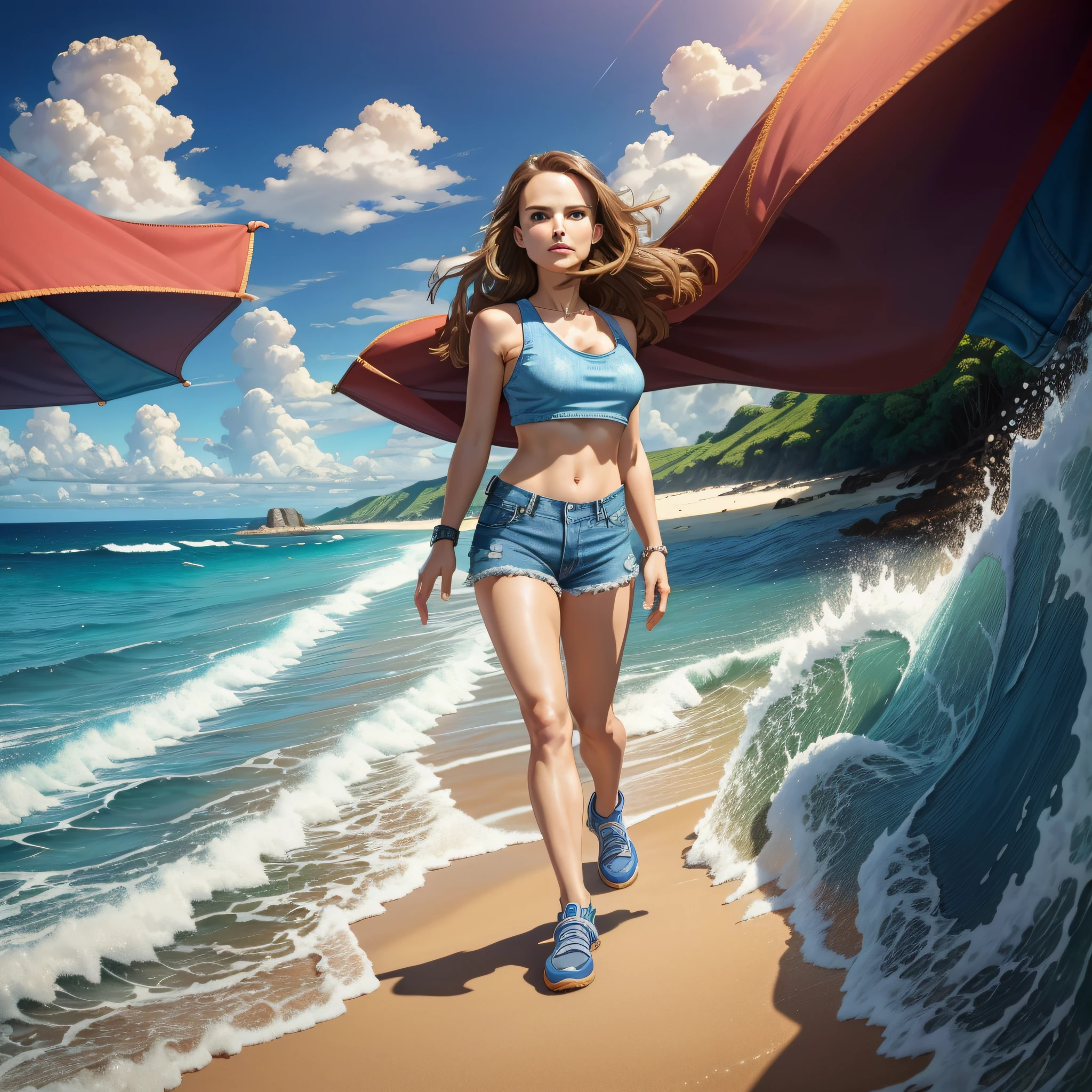 masterpiece, best quality, a flat vector art,wide-shot,(realistic, highly detailed),high contrast girl,((natalie portman)),looking at camera,eye contact,cowboy stance, vivid colors,in a (((tank top))) and (((denim shorts))),walking on the beach,sunny days,ocean shore,intircate,4k,high detailed.