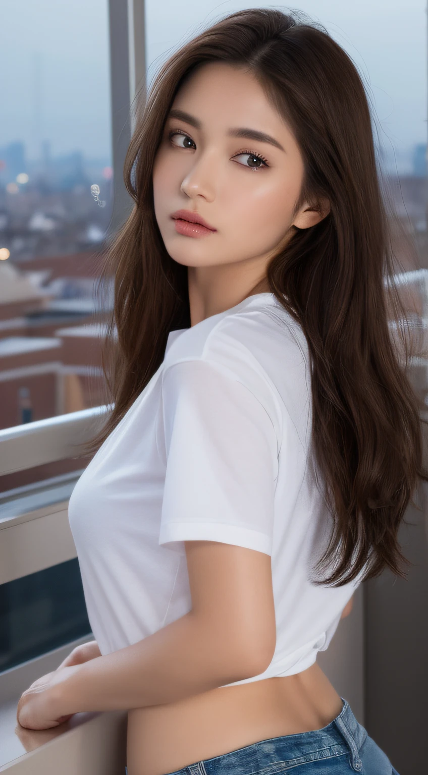 (best quality), (masterpiece), (high resolution),professional lighting, focus all body, night terrace, detailed background, 1girl, (beautiful face:2), fine skin, smile, long wave brown hair, sky blue eyes, (oversized clothes, white t-shirt:1.5), (off shoulder:1.2), (Medium beasts:1.35), nipple,