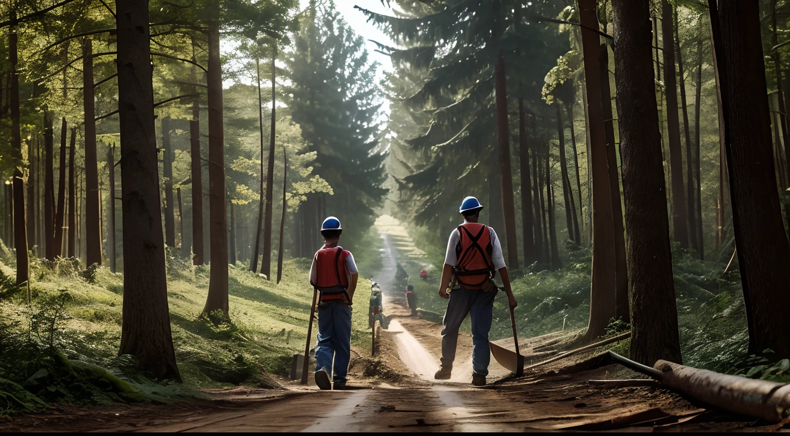 a woodcutter man with his son, cutting down trees in the middle of the forest