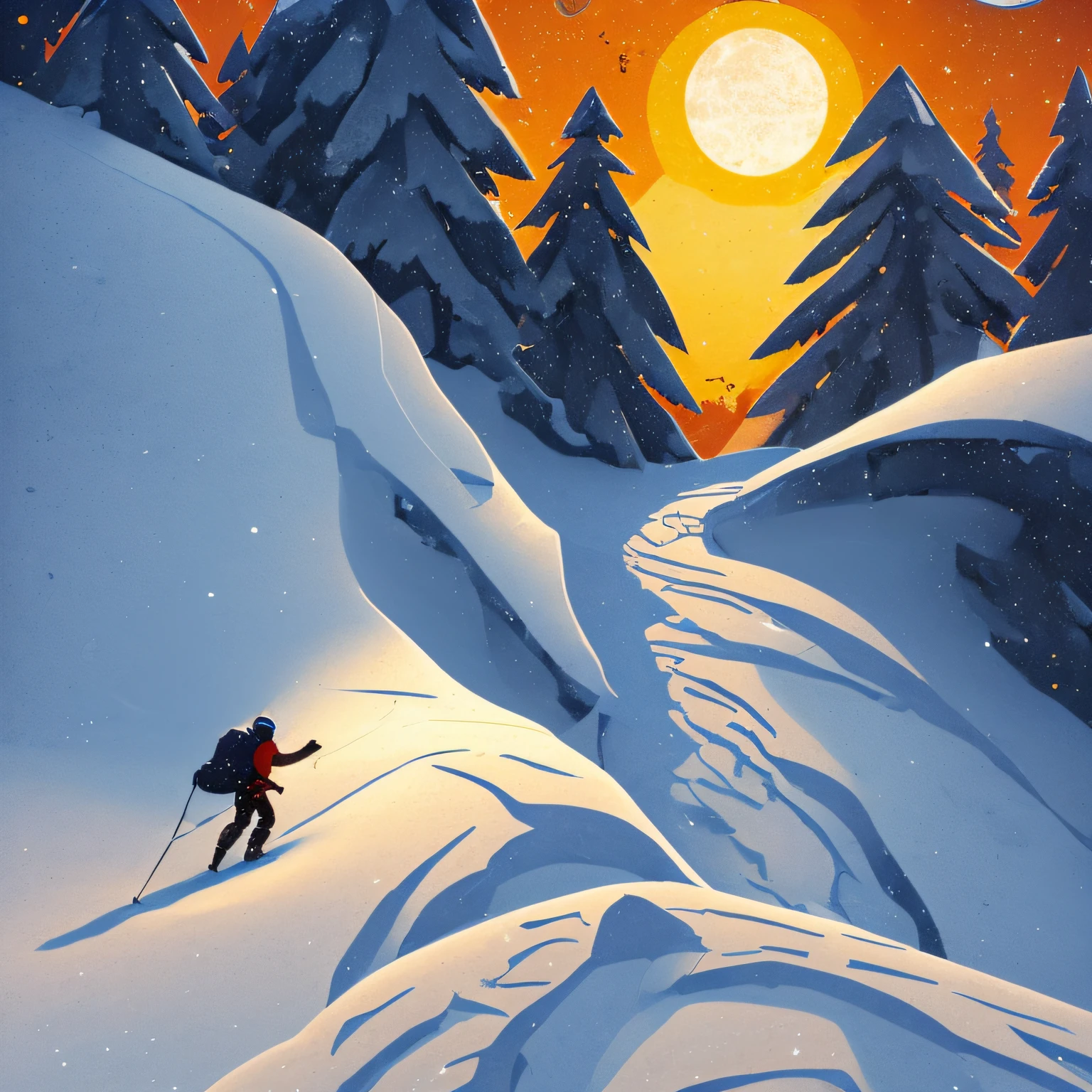 On a sheer icy slope, a lone mountaineer presses onward, each step a testament to willpower and resilience. Breath visible in the frigid air, he moves with deliberate care, drawing strength from deep within. The weight of his gear and the biting cold are relentless foes, but determination propels him forward. Every grip of his ice axe, every crunch of his crampons is a dance with nature, an intimate embrace of the challenge the mountain offers.

Above, the first hints of dawn pierce the horizon. Warm hues of orange and gold spill, contrasting the cold blue of the snow. As he inches closer to the peak, the panorama transforms: the vast expanse of white below is bathed in the emerging sunlight, turning the mountainscape into a realm of shimmering brilliance.

In this fleeting moment, as day breaks, the climber's silhouette stands tall against the radiant sky. It's not just an ascent of a mountain, but a journey of spirit and grit. The sunrise, a symbol of hope and renewal, honors his undying passion and the unyielding pursuit of dreams.